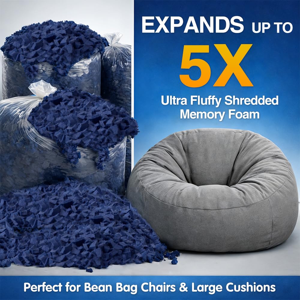 Welacer Bean Bag Filler, 15lbs Blue Memory Foam Filling for Beanbag Chair, Couch Cushions, Pillows, Dog Beds, Pouf Ottoman, Punching Bag Filler, Grappling Dummy, Packing Peanuts Replacement