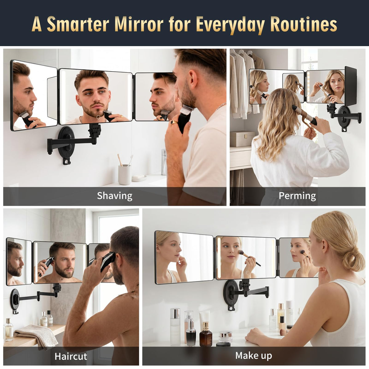 Wall Mounted LED 3 Way Haircut Mirror with Swing Arm, 360° Self Cut View