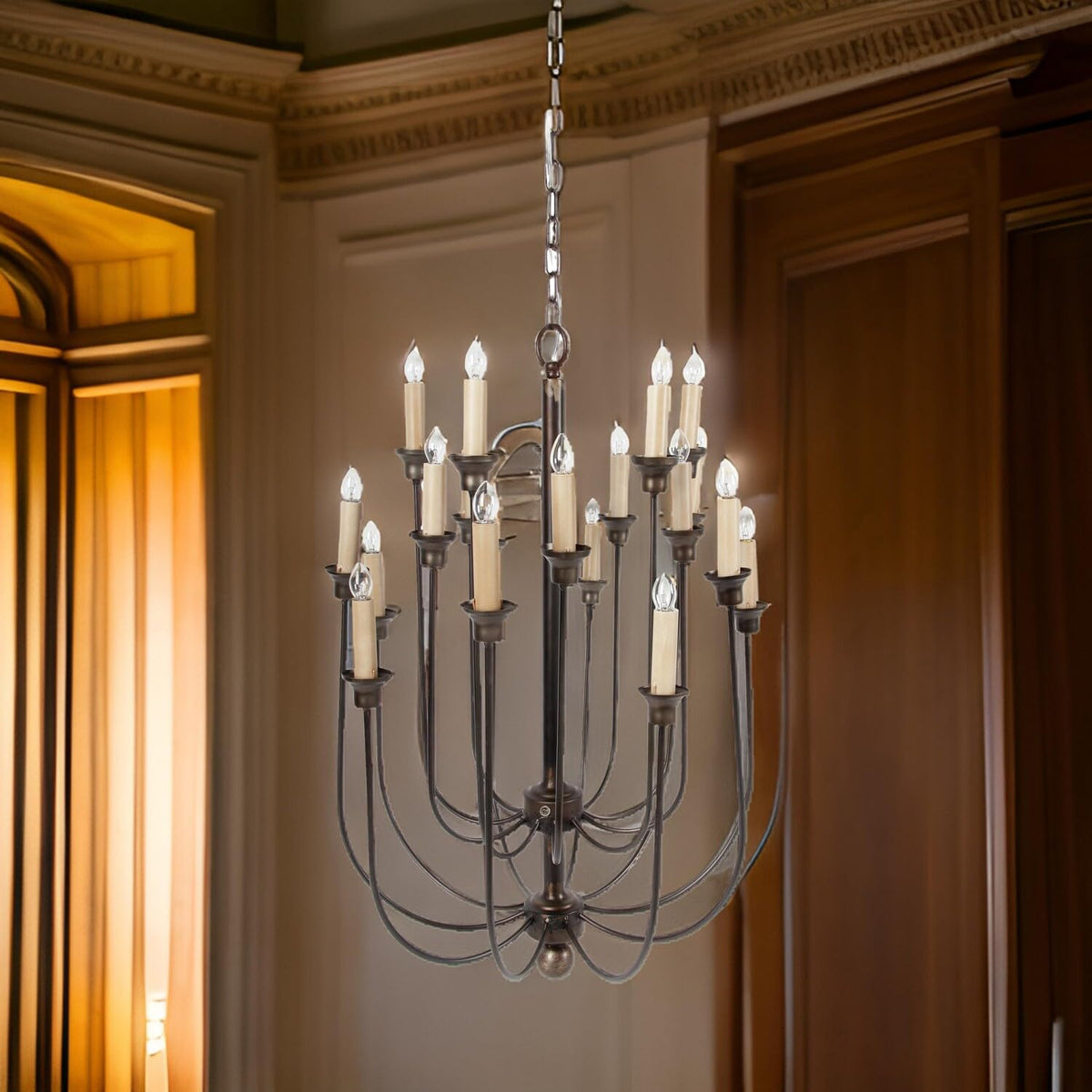 Benzara BM187943 Decorative Metal Chandelier with Multiple Candles, Brown and Cream