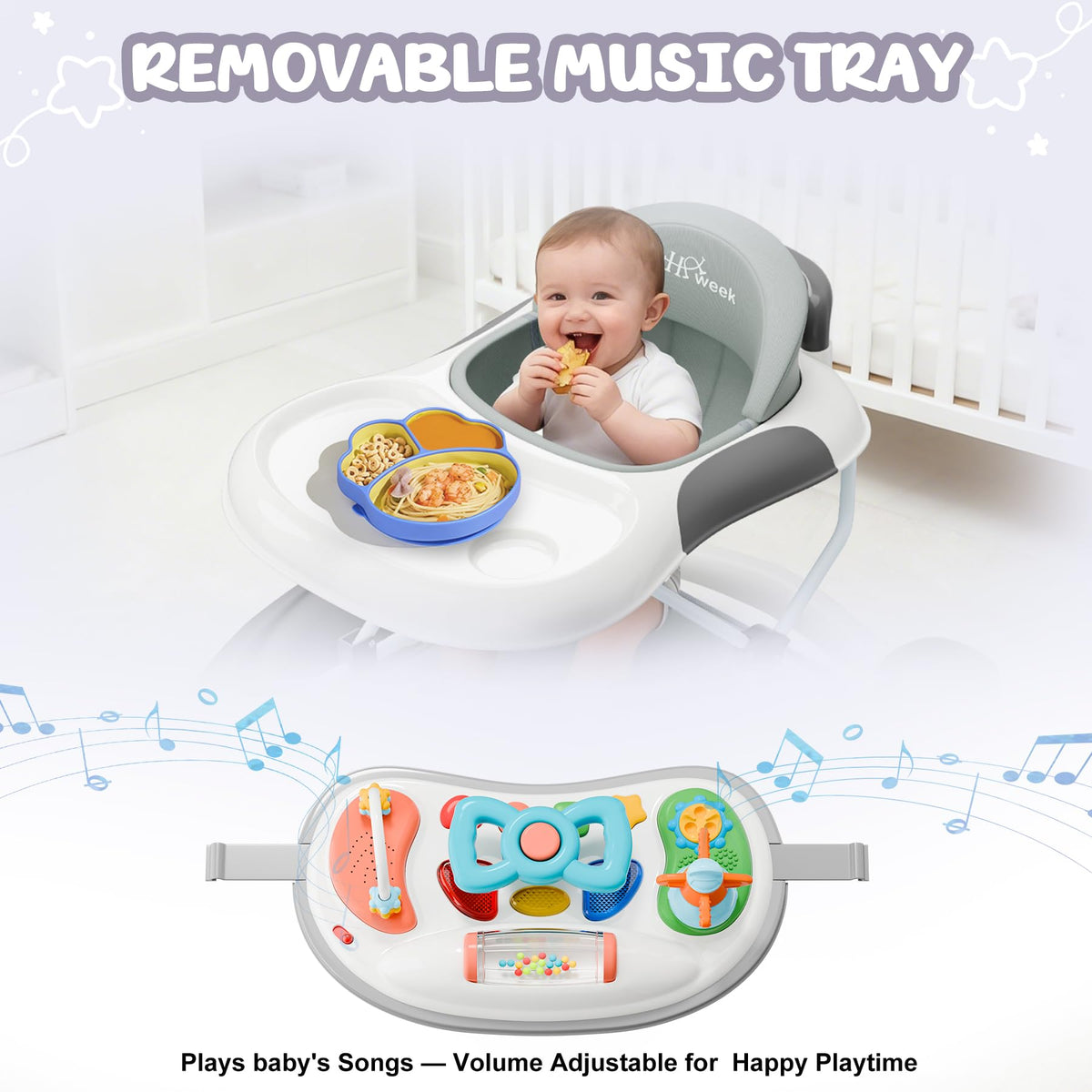 5-in-1 Foldable Baby Walker，Music and Lights Baby Walker with Wheels,Height Adjustable Infant Walker, with Activity Center, Rocker, Bouncer,Push Walker & Feeding Tray for Babies 6-18 Months (Gray)