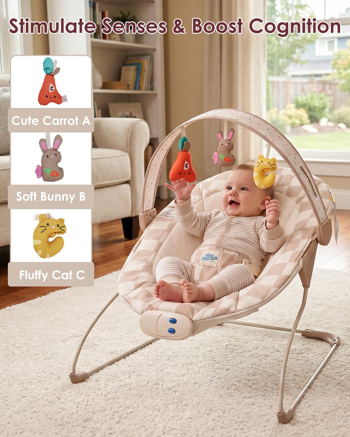 Tiny Marvels Baby Bouncer, Baby Bouncer Seat with Music for 0-6M, 20lbs