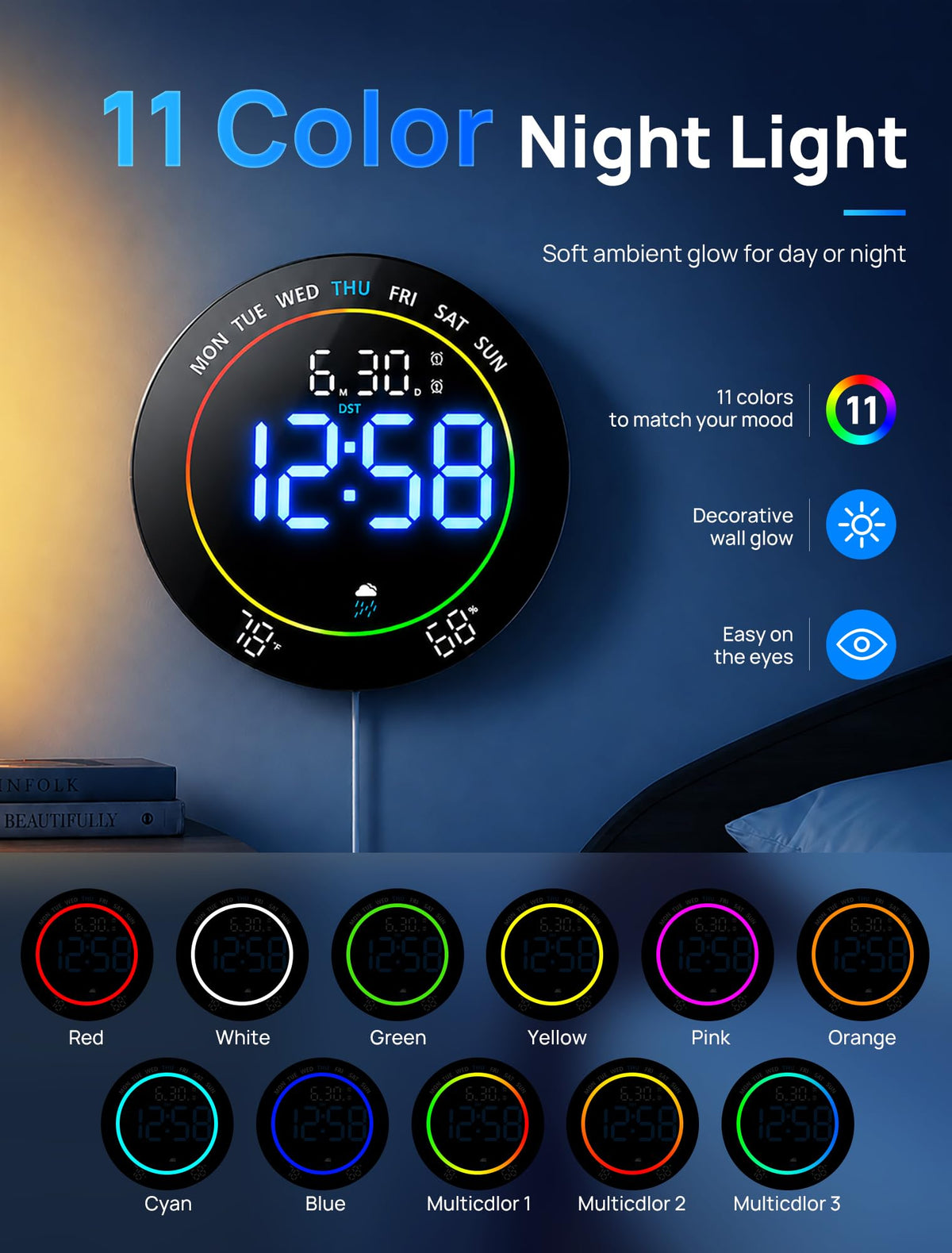 MASHI 10"Easy-Read Large Digital Wall Clock,11-Color Night Light,Auto-DST