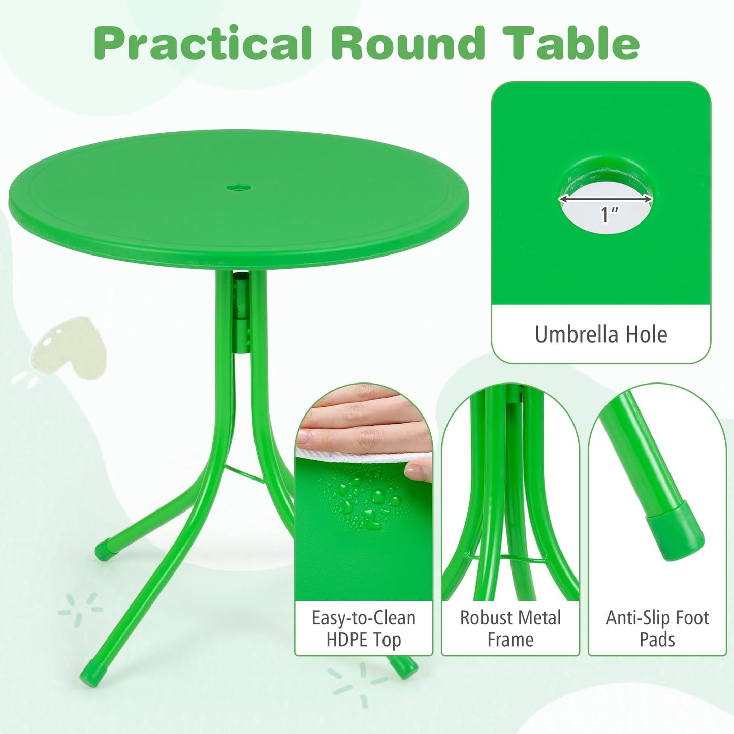 Costzon Kids Picnic Table, Kids Outdoor Table with 2 Folding Chairs, Height Adjustable Umbrella, Portable Children Outdoor Furniture for Patio, Garden, Backyard (Green Forest)