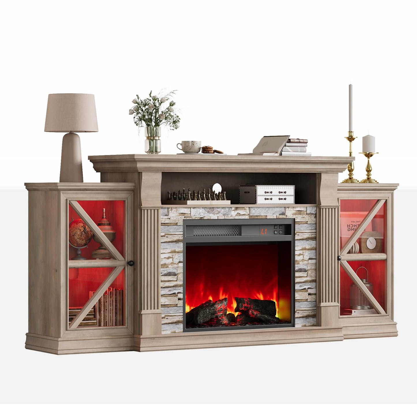 QUW Electric Fireplace TV Stand, 70" Farmhouse Entertainment Center with Open Shelf and Glass Barn Door Cabniet, Modern TV Console Table with 7 Flame Colors for Living Room, Grey