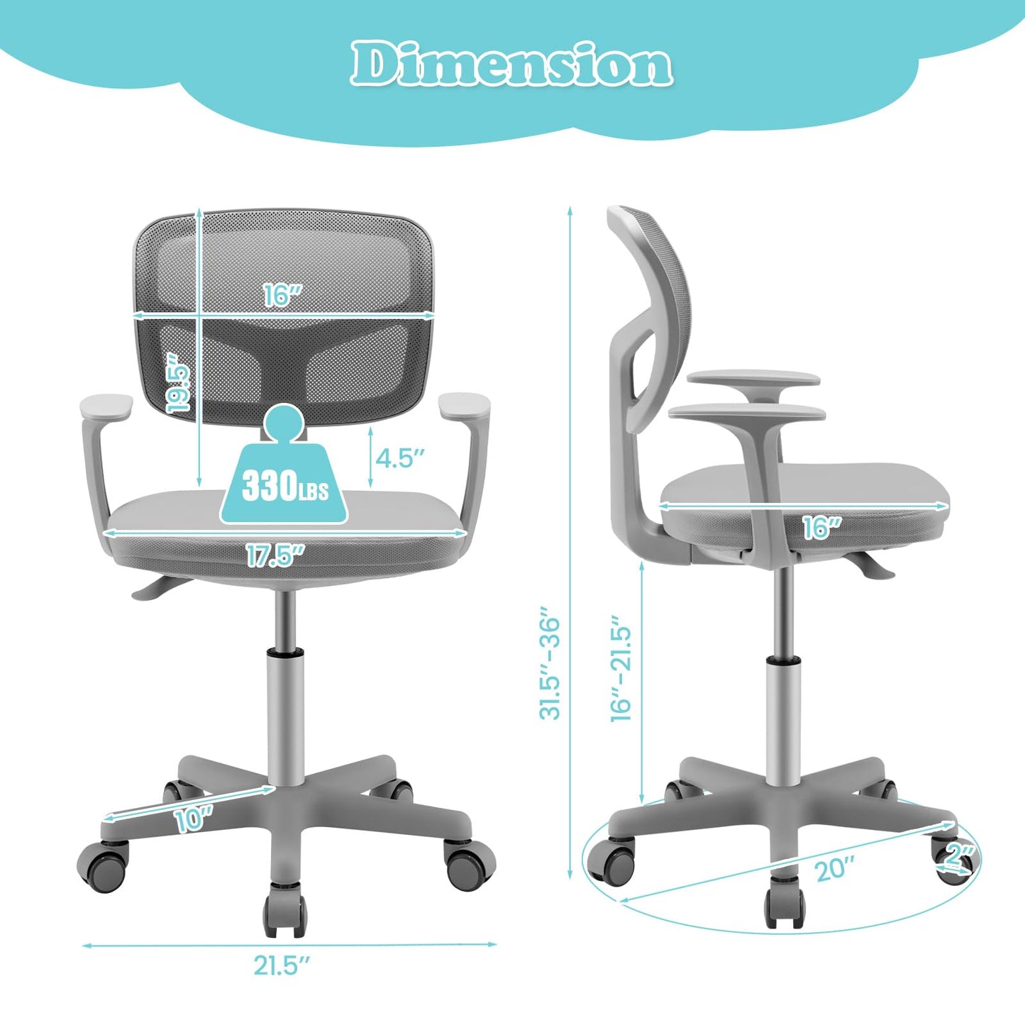 Giantex Kids Desk Chair, Ergonomic Adjustable Teen Task Chair w/Y-Shaped Lumbar Support, Armrest & Universal Wheels, Mesh Kid Office Chair for Sturdy, Kids Computer Chair for Boys & Girls 4-12, Grey