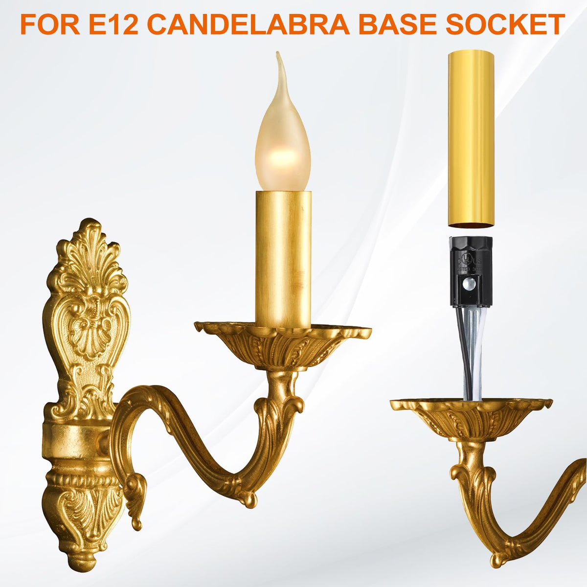 PATIKIL 3.5" Tall Candle Covers Sleeves, 6Pcs Metal E12 Chandelier Socket Sleeves with Insulation Heat Shrinkable Flame Retardant Tube Bulb Light Base Holder for Lamps, Golden