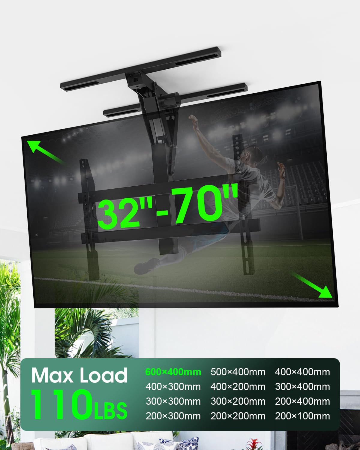 Zontera Electric Ceiling TV Mount with Remote, Motorized Tv Mount Flip Down for 32-70 inch Flat and Curved Screen TVs up to 110 lbs, Fits Flat & Pitched Ceilings, Max VESA 600x400, Black