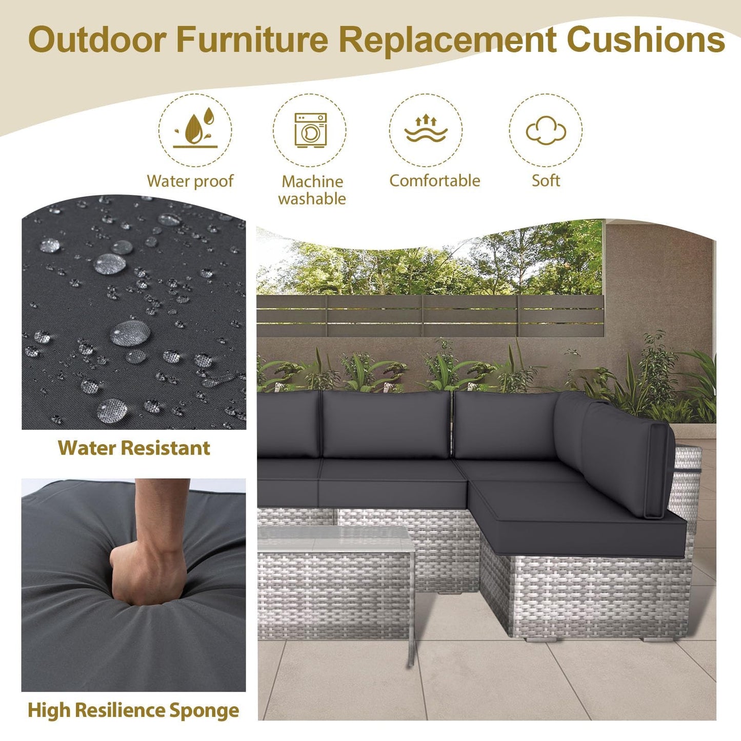 𝐔𝐩𝐠𝐫𝐚𝐝𝐞 14 Piece Outdoor Replacement Cushions Set for 6-Seat Sectional Sofa, 4 Inch Thick Patio Cushions, Waterproof & Fade Resistant, Deep Seat Outdoor Furniture Cushions - Dark gray