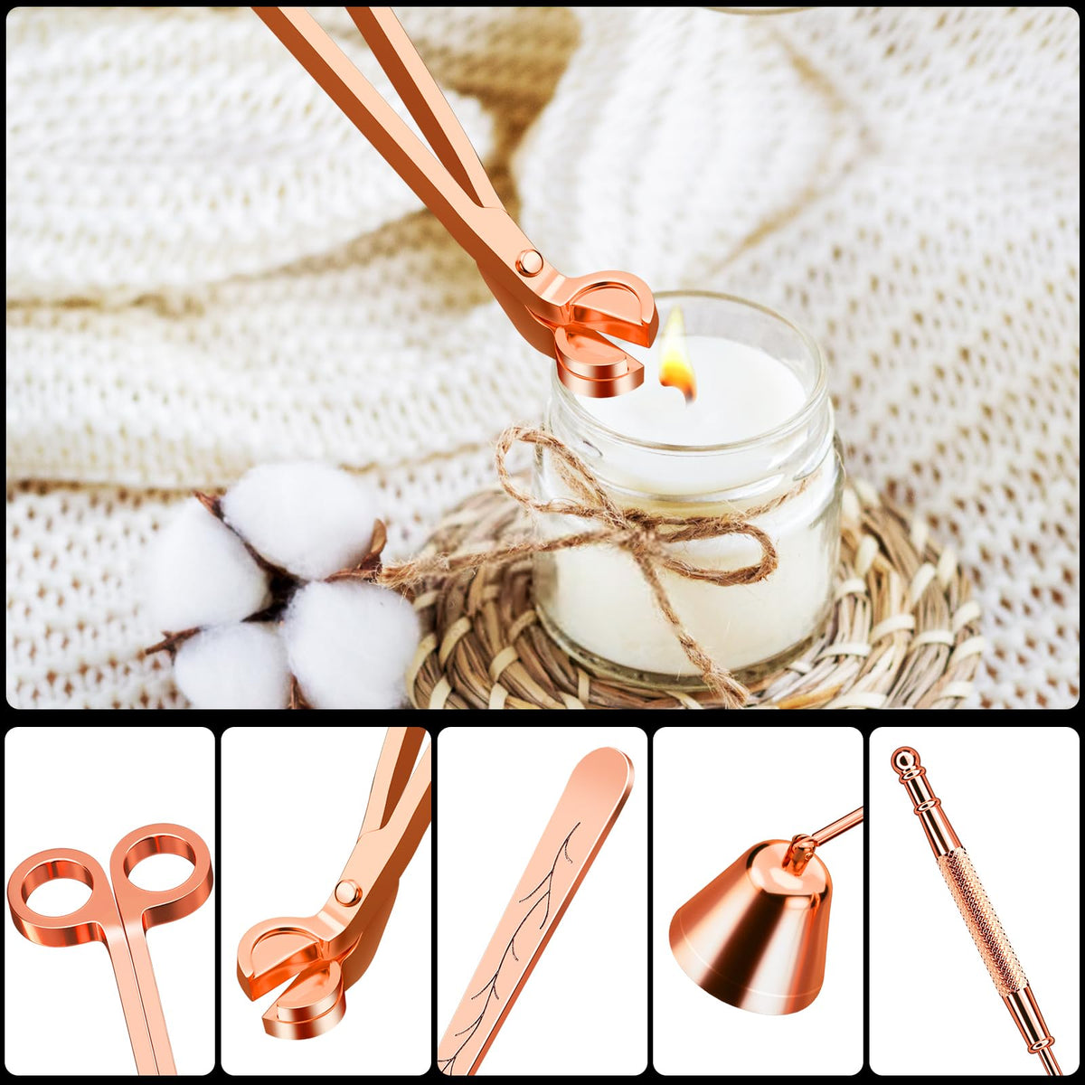 Calary 3 in 1 Candle Care Kit - Wick Trimmer, Snuffer & Dipper Set (Rose Gold)