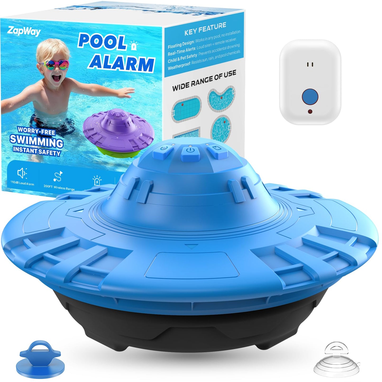 Pool Alarm with Indoor Receiver, 110dB Ultra Loud Floating Alarm for Inground & Above Ground Pools, Adjustable Sensitivity for Backyard Water Safety with Children & Pets, Navy-Black