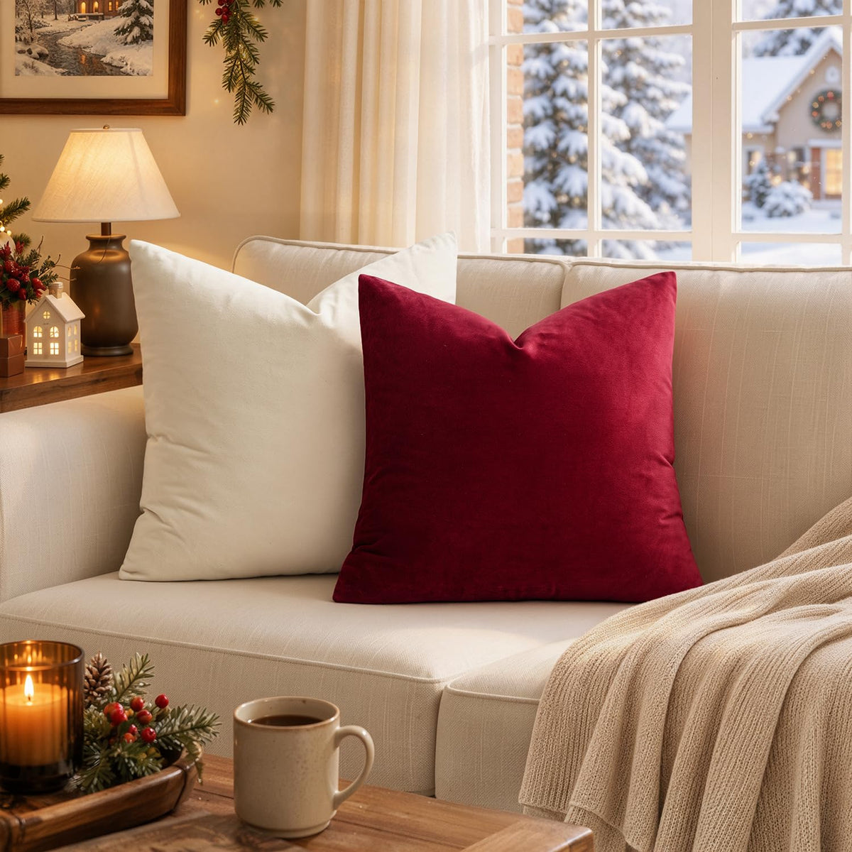 MIULEE Velvet ChristmasThrow Pillow Covers 18x18 Inch Pack of 2 Wine Red