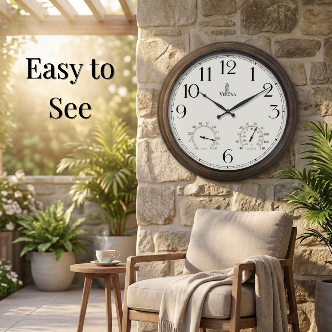 Large Outdoor Patio Clock - Waterproof Thermometer Combo, 24 Inch, Bronze