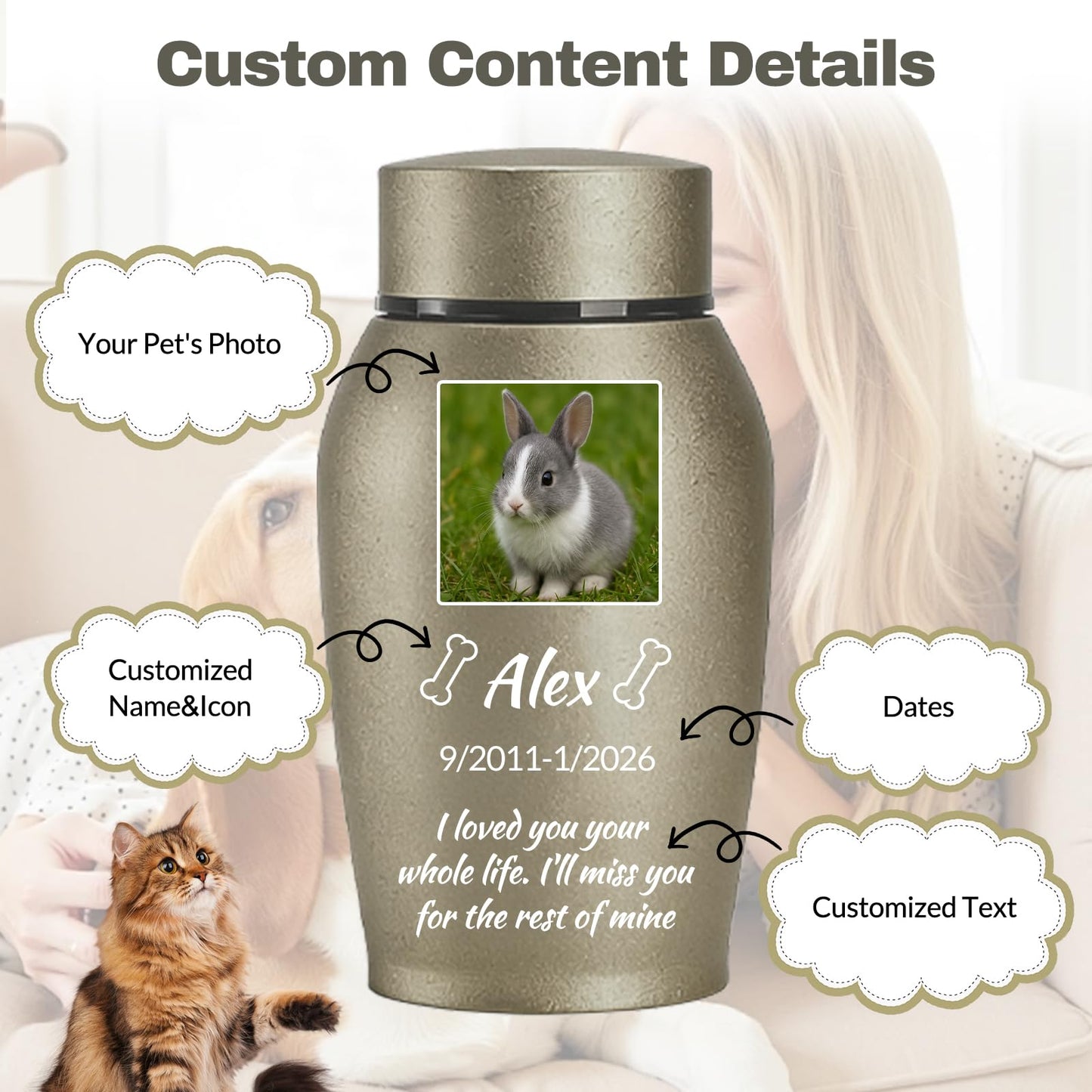 KDY Personalized Pet Urns for Ashes - Custom Pet Photo Name Date for Cremation, Customized Pet Memorial Urn for Dog Cat (Grey)