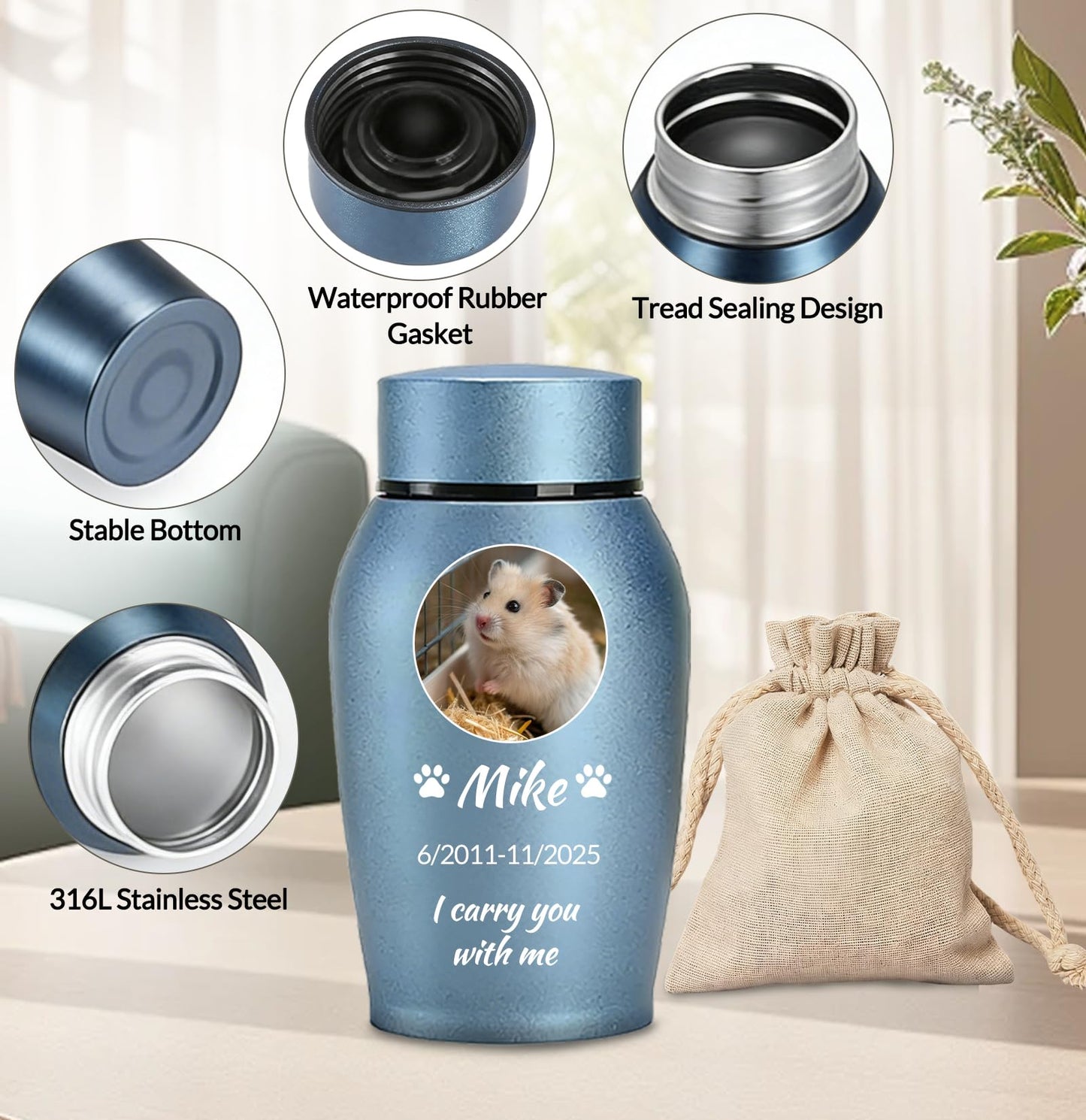 KDY Personalized Pet Urns for Ashes - Custom Pet Photo Name Date for Cremation, Customized Pet Memorial Urn for Dog Cat (Grey)