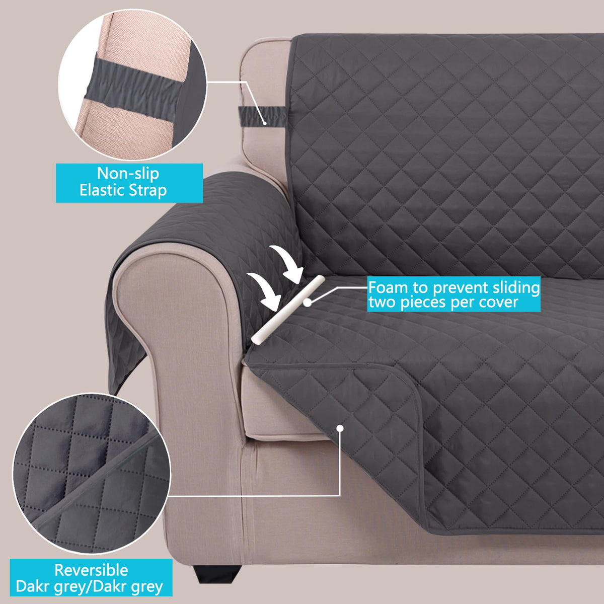 U-NICE HOME Loveseat Sofa Cover for 2 Cushion Couch, Dark Grey