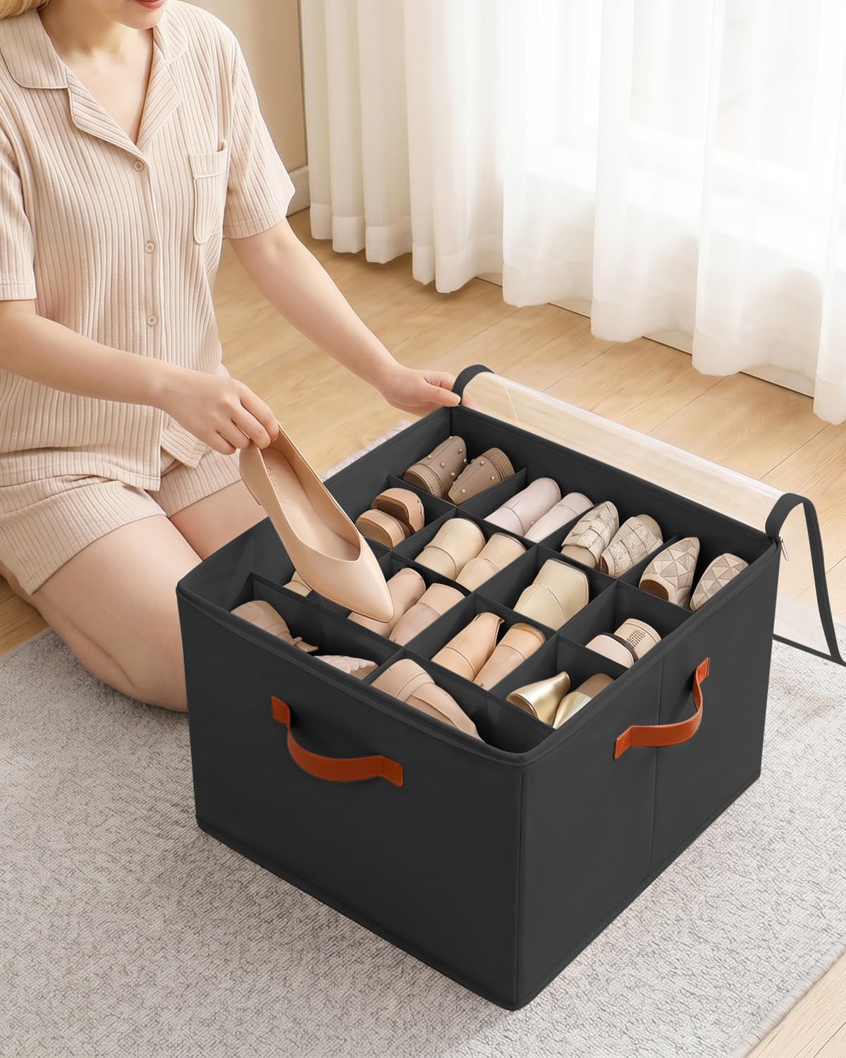 2 Pack Shoe Storage Organizer with Clear Lid for Closet Entryway ,Black