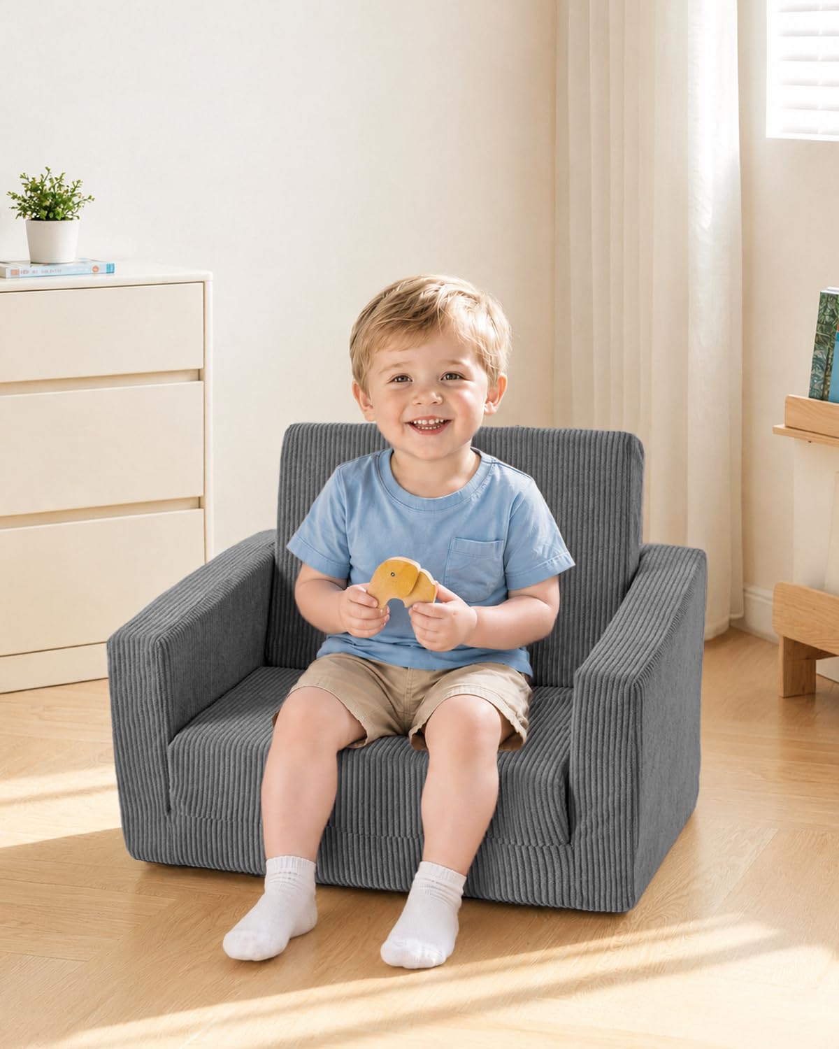 Jouha Kids Chair and Couch, 2-in-1 Fold-Out Kids Sofa, Soft Convertible Seating, Comfy Kids Chair for Boys and Girls, Grey