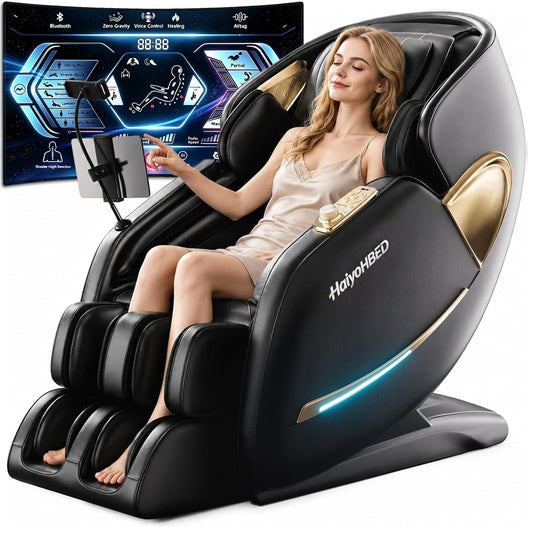 HaiyoHBED 2026 4D Massage Chair Full Body, PU Leather Zero Gravity Heated Back Foot Hand Massage Recliner, AI Voice Control, Office and Living Room Furniture, Portable - Black