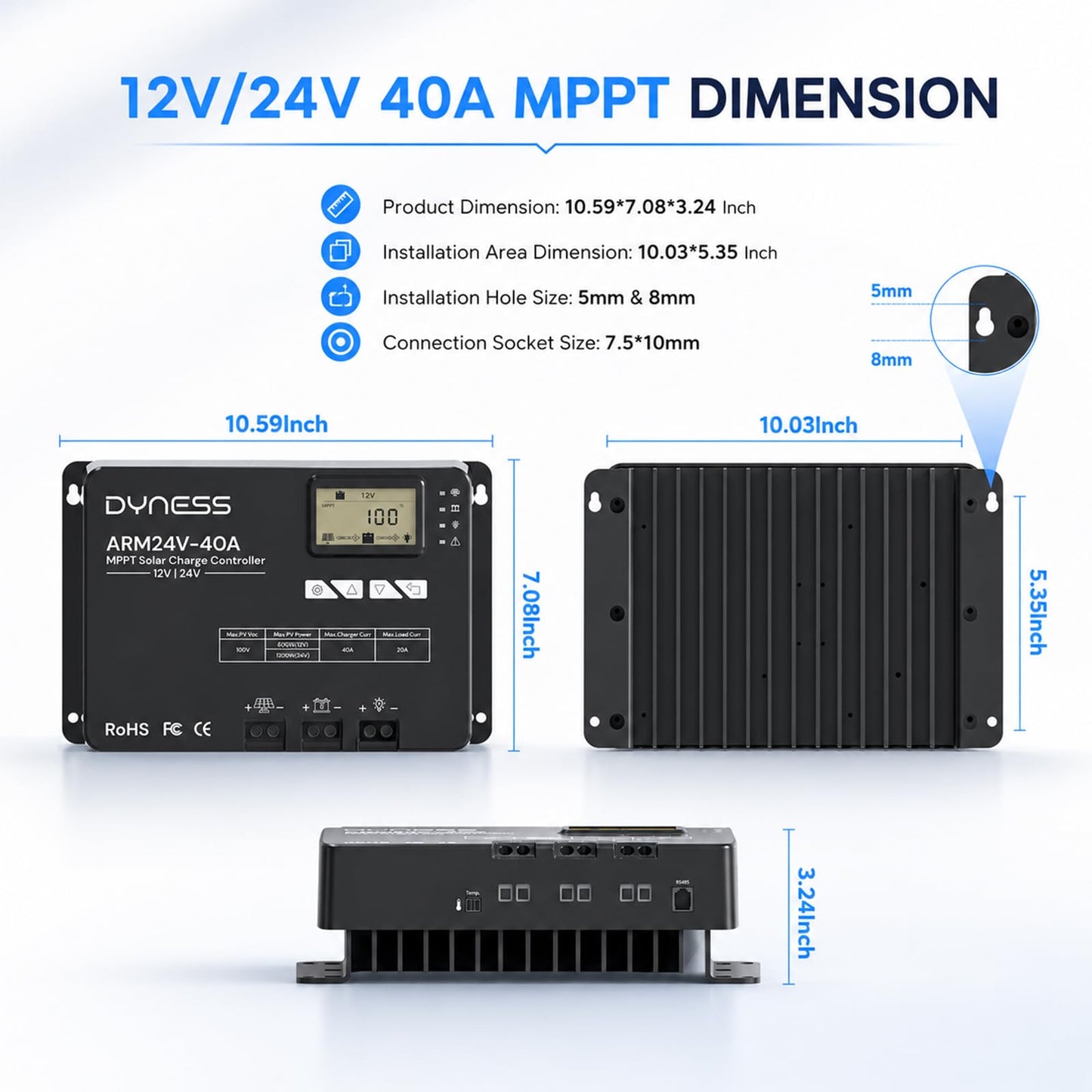 Dyness 40A 12V/24V Auto MPPT Solar Charge Controller , APP Control & LCD Display, 40 Amp Solar Regulator for LiFePO4/AGM/Gel/FLD/SLD Batteries - RV, Marine, Off-Grid Systems