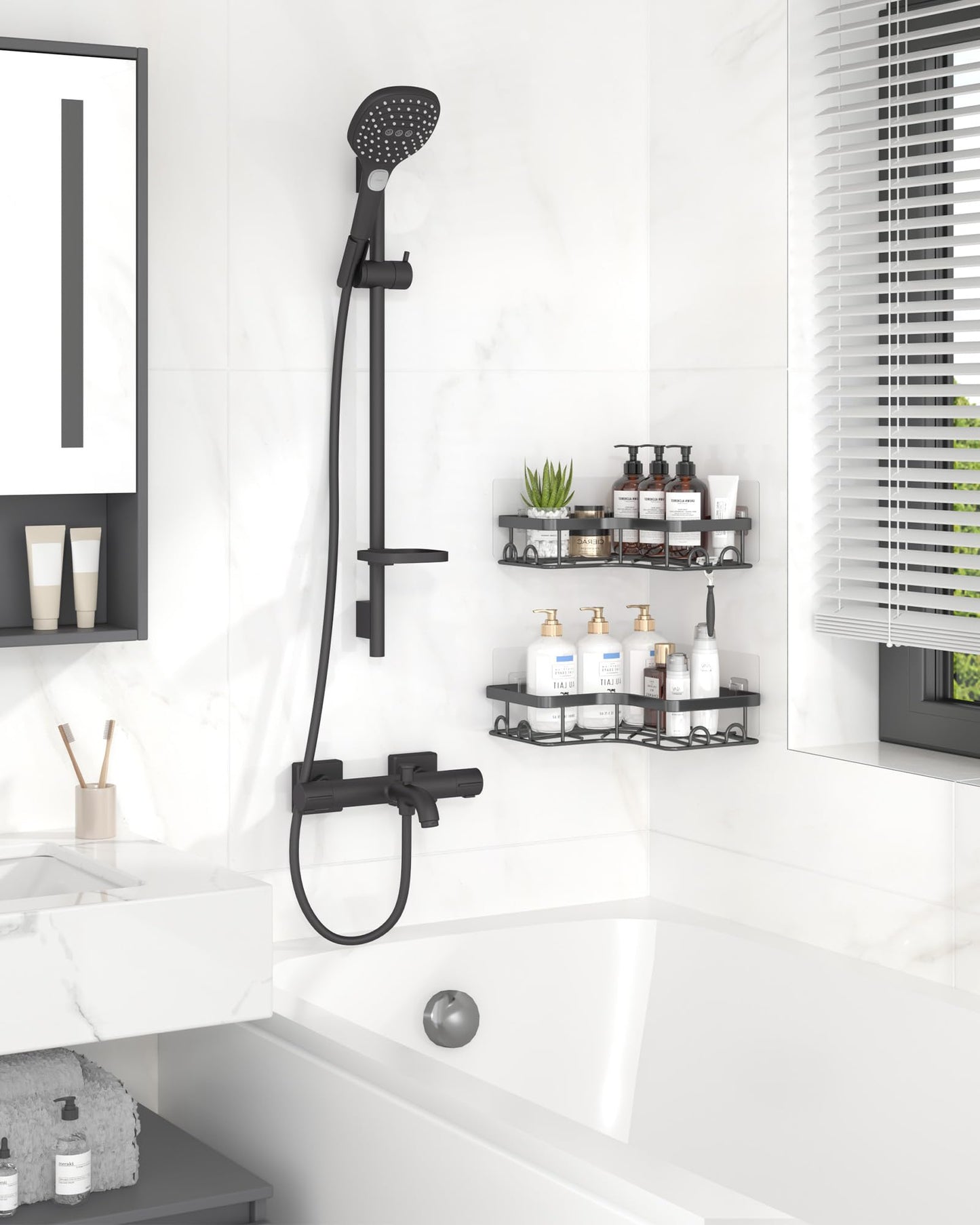 Sakugi Corner Shower Caddy - 2 Pack, Adhesive Shower Organizers, Rustproof Stainless Steel Shower Shelves with 8 Hooks, No Drilling Bathroom Organizers and Storage Racks, Space-Saving, Black, Medium