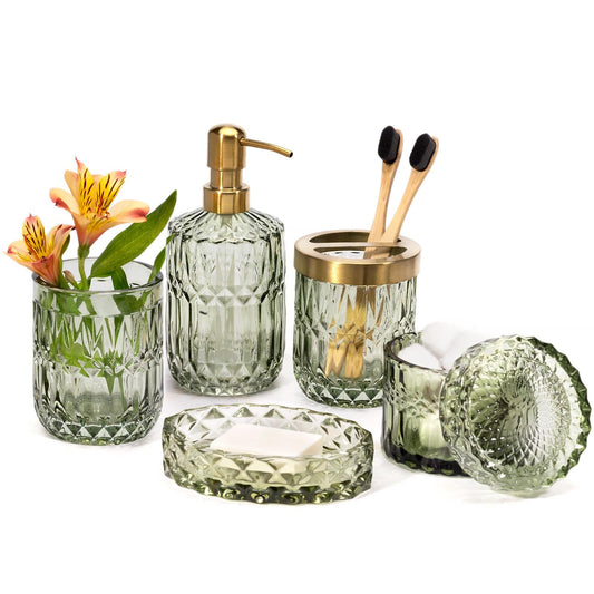 EMPO 6PCS Bathroom Clear Glass Accessories Set (Lotion Soap Dispenser, Soap Dish, Toothbrush Holder, Tumbler, Cotton Swab Jar), Contemporary Modern Decor Crystal Vintage Gift (6pcs Green)