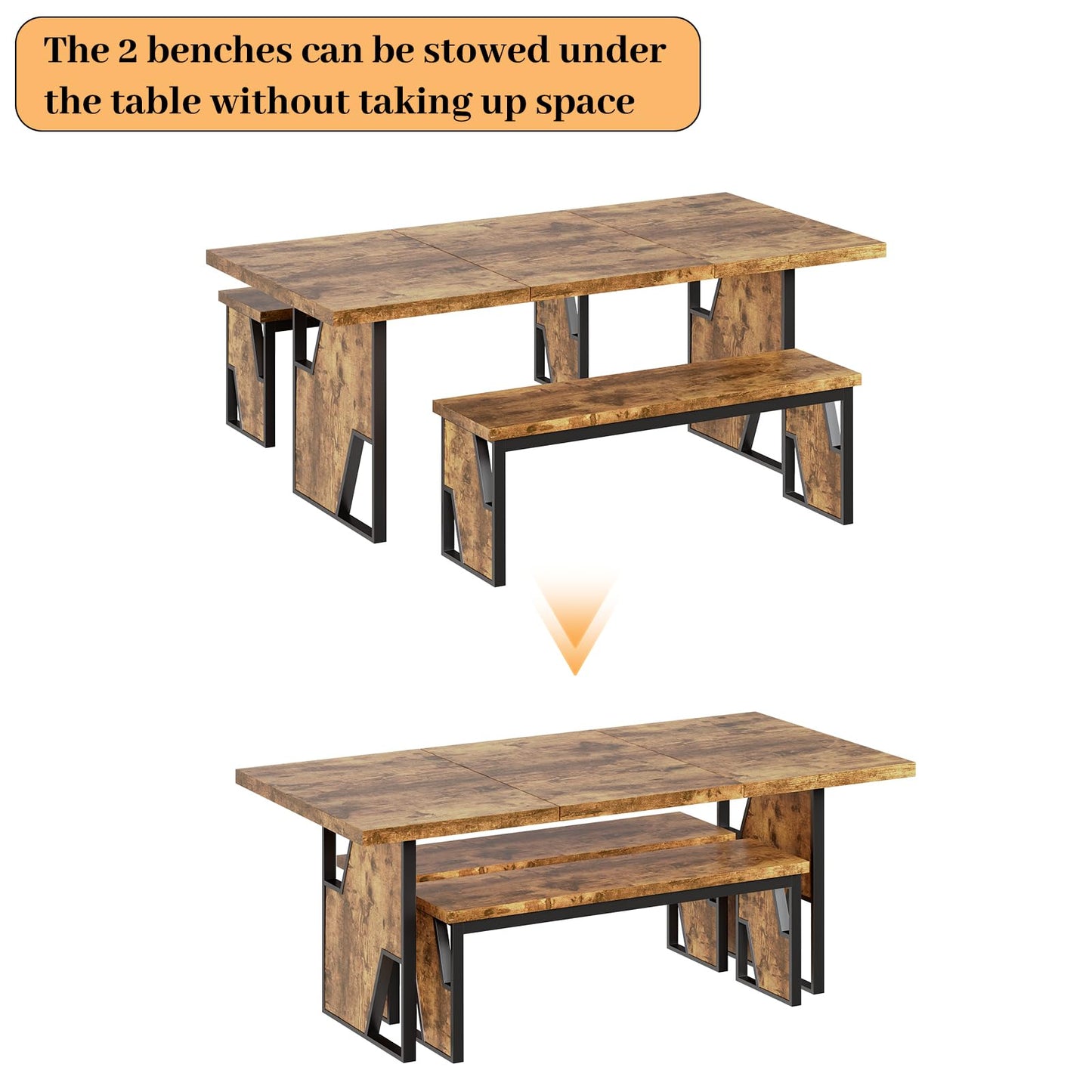 HIPIHOM 70.8" Wooden Dining Table with 2 Benches, Modern Kitchen Table and Chairs Set for 4-6 Person, Thickened MDF Wooden Table with Dining Bench for Living Dining Room, Kitchen, Office