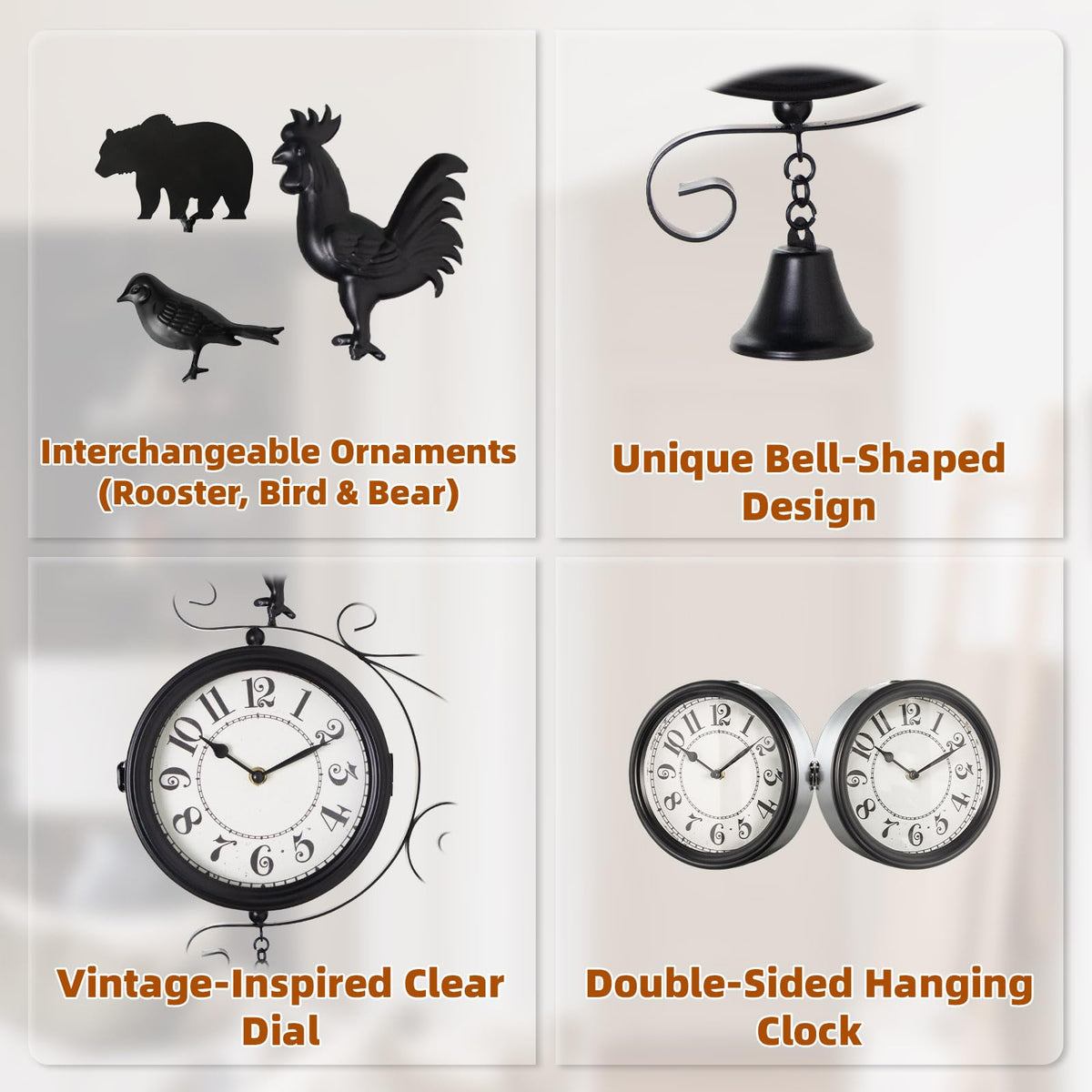 MACVAD Double-Sided Outdoor Wall Clock with Interchangeable Rooster, Bird & Bear Topper, 360° Rotating Iron Hanging Clock, Silent Non-Ticking Quartz Movement, Rustic Farmhouse Porch Garden Decor