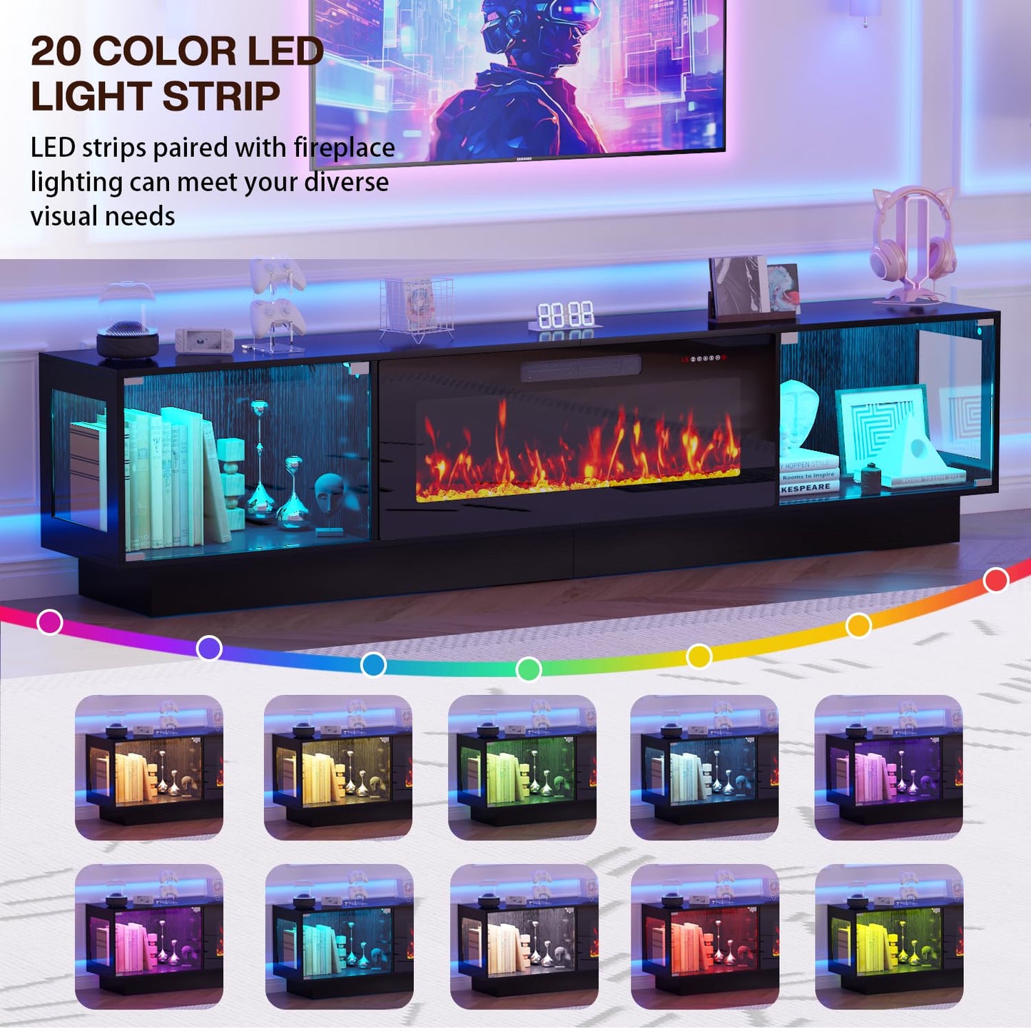 PRETZI 80 Inch Modern Fireplace TV Stand, Luxury TV Stand with 36" Fireplace for TVs Up to 90", Glossy Glass Doors Entertainment Center with Adjustable RGB LED Light for Living Room, Black