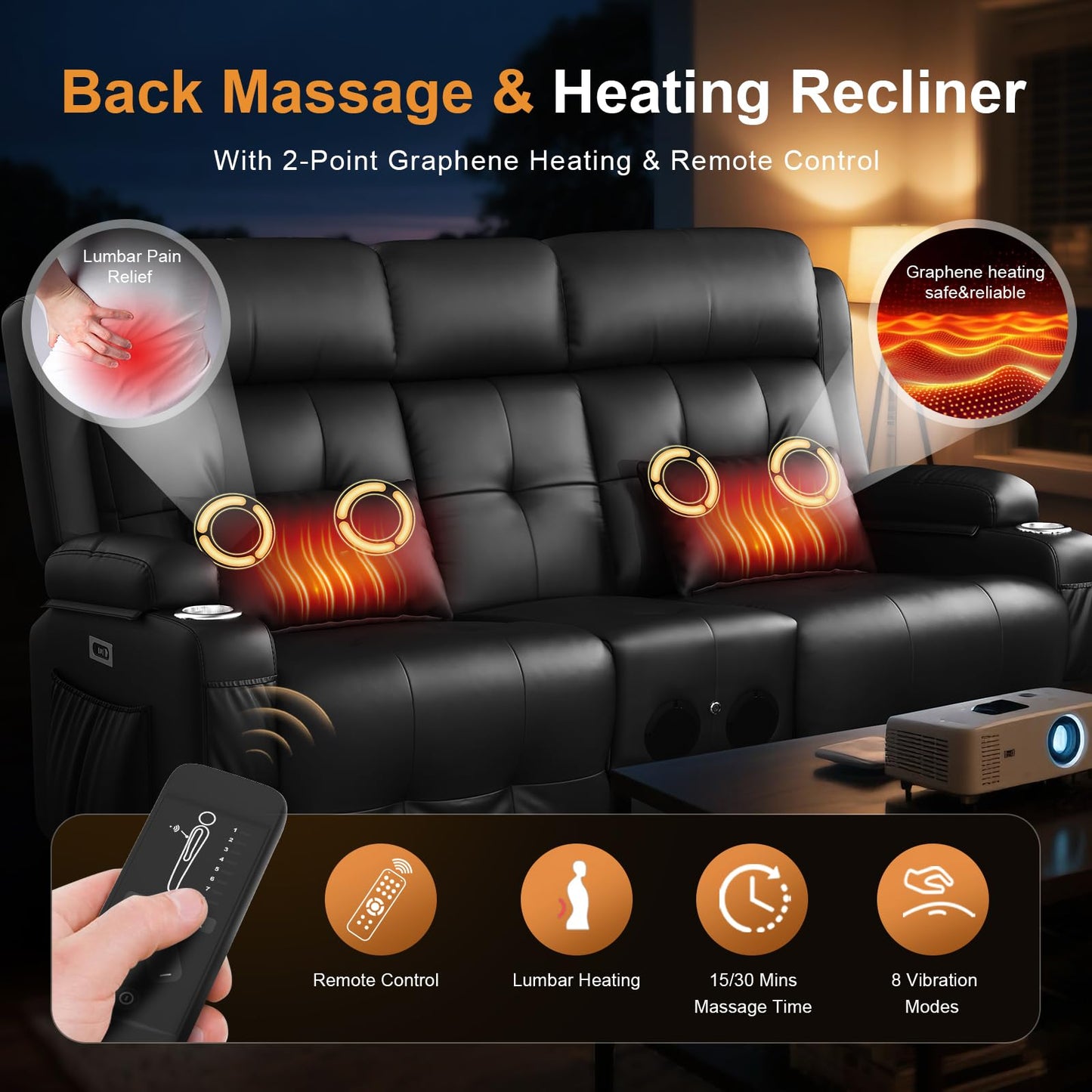 Home Theater Seating, Power Loveseat Recliner Sofa with Massage & Heat