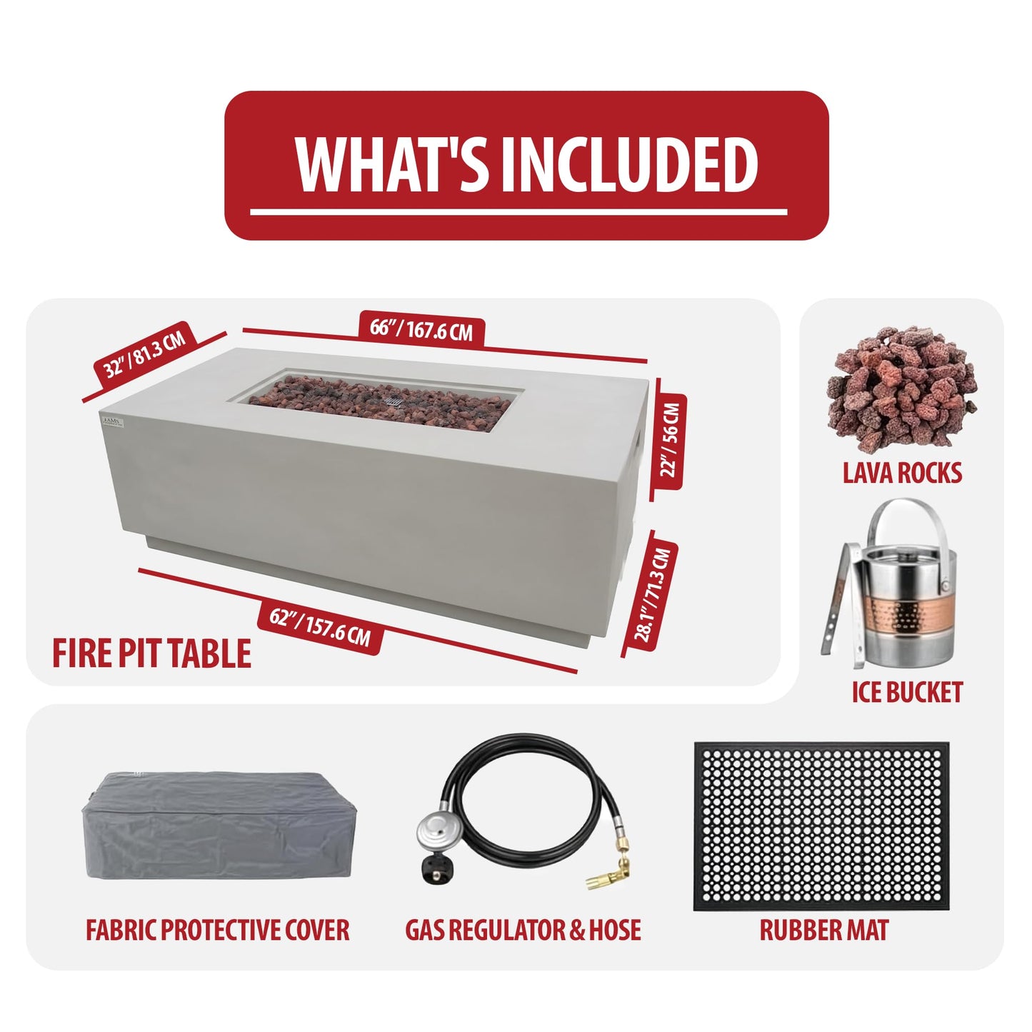 AMS 66" Rectangular Propane Fire Pit Table for Outdoor Patio (Light Gray)