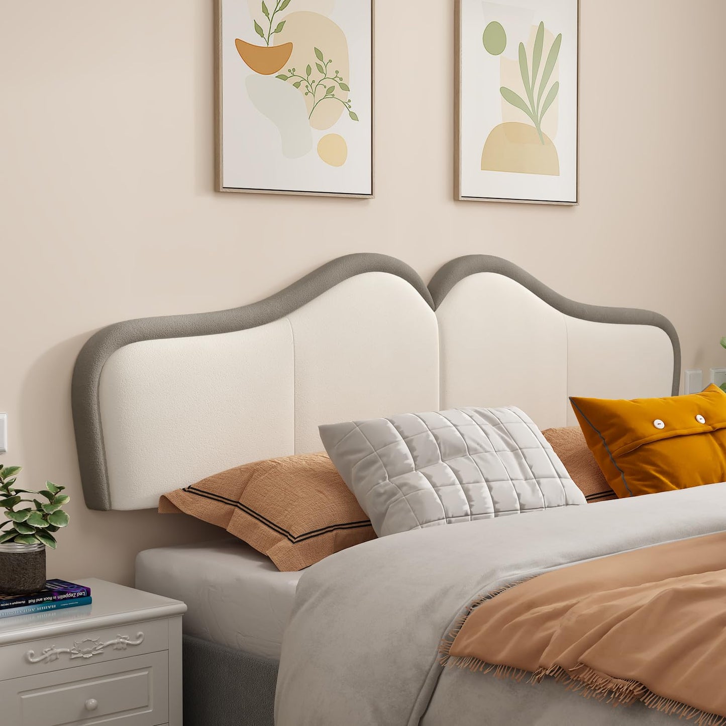 King Headboard,Upholstered Headboards Bed Head Board Modern Wave Shaped Velvet Wall Mount Bed Headboard for Stylish Bedroom Decor(King,Beige+Brown)