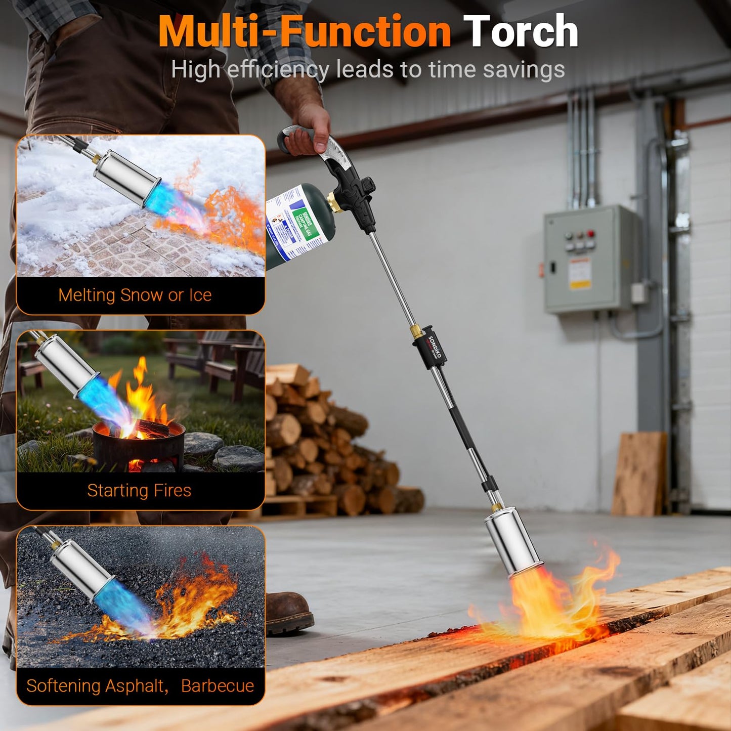 Sondiko Propane Torch Weed Burner, High Output Weed Torch Flamethrower, 30" Detachable Long Arm Heavy Duty Blow Torch For Garden, Wood, Ice, Snow, Melting(PROPANE TANK NOT INCLUDED)
