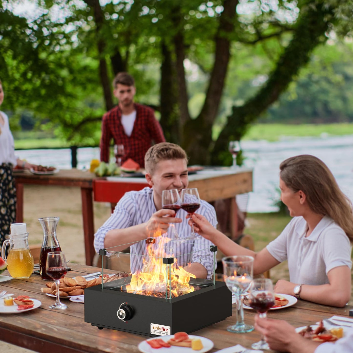 ONLYFIRE OUTDOOR LIVING 15.7" Portable Propane Gas Fire Pit Side-Mounted, Modern Tabletop Fireplace Smokeless Firepit with Glass Wind Guard for Patio Camping RV Tailgating, 23000BTU, Squre FP040