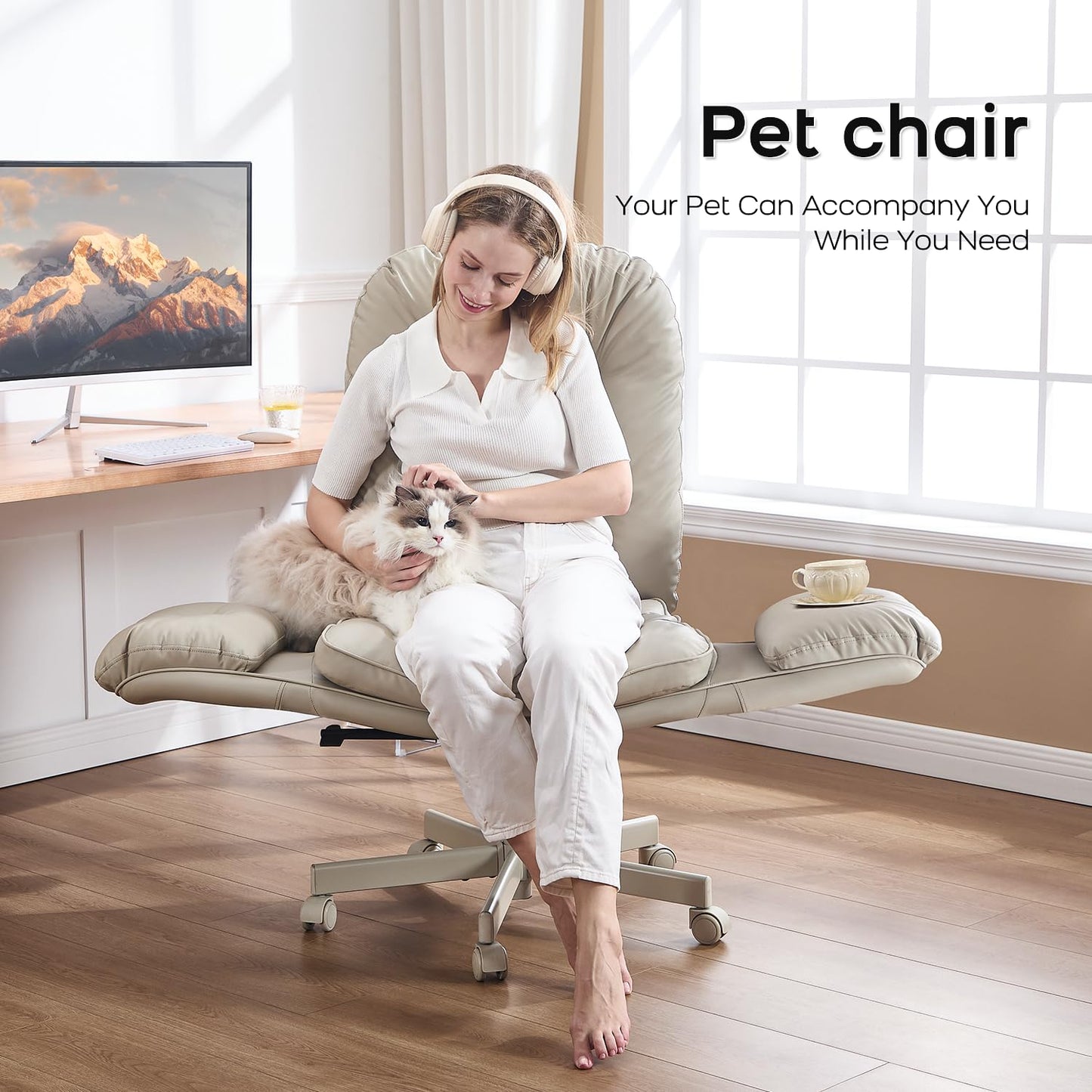 amseatec Criss Cross Chair with 5-Level Armrests — Self-Weight Recline with 90°/135° Lock, 400LBS Big and Tall Executive Office Chair, PU Leather Swivel Computer Desk Chair for Home Office (Cream)