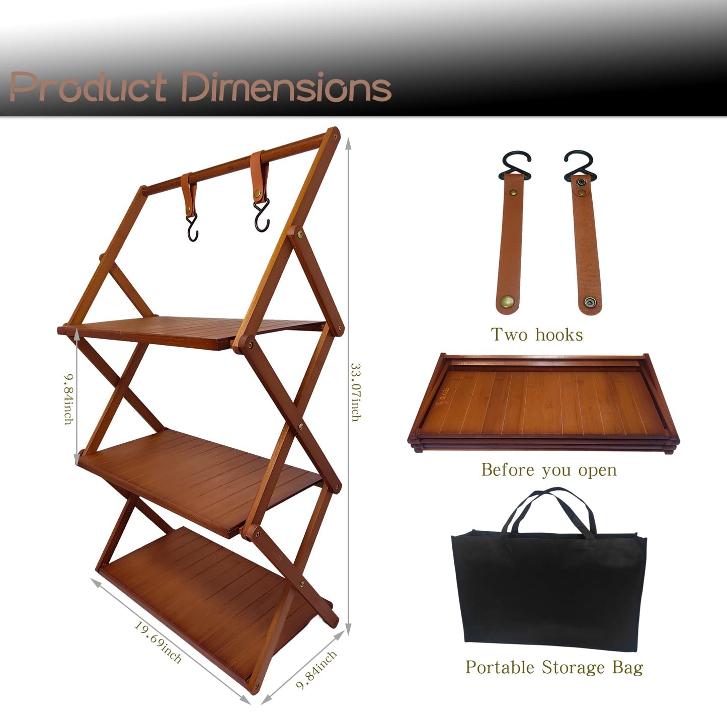 FEIXIDI Foldable Bamboo Shelf, Folding Shoe Rack, Flower Rack, Camping Rack, No Installation Required, Portable, Space Saving, Multi-Purpose Storage Rack (Walnut, 3 Tiers with Boom)