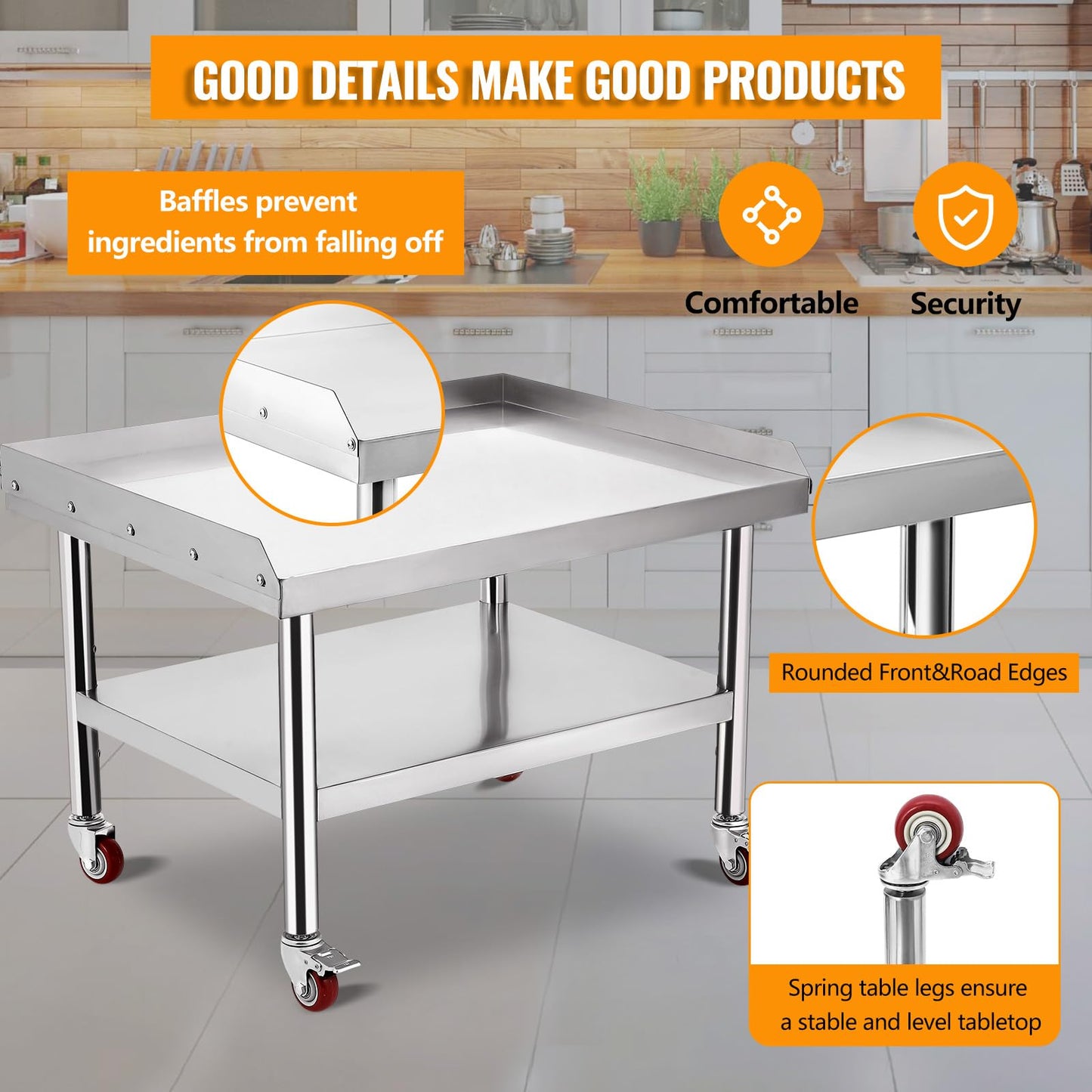 Stainless Steel Equipment Grill Stand Table (24" x 28" x 24") - Heavy Duty Commercial Kitchen Work Table - 1000 Lbs Top Shelf Capacity with 2" Edge Baffle - Adjustable Bottom Shelf & Legs