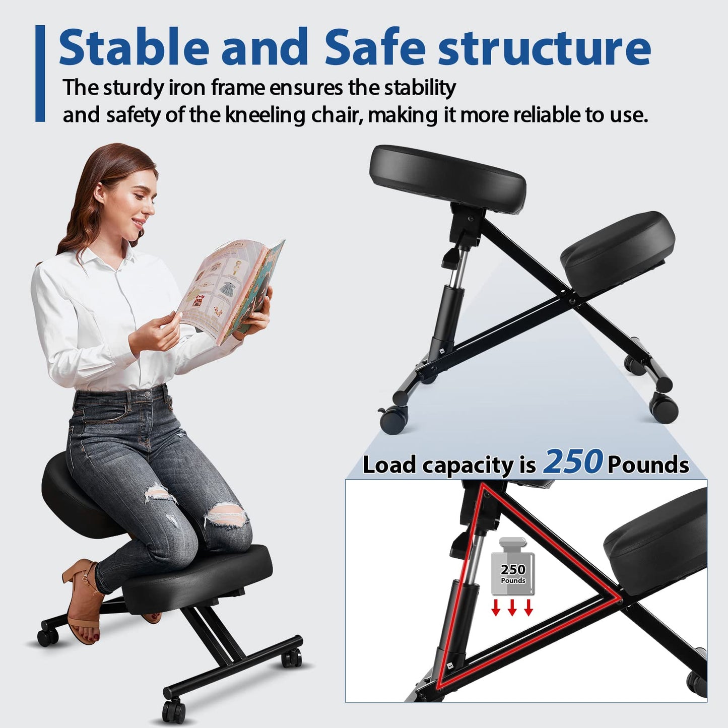Ergonomic Kneeling Chair, Meditation Chair with Height Adjustable and Cushion for Home and Office, Posture Office Stool with an Angled Seat and Casters