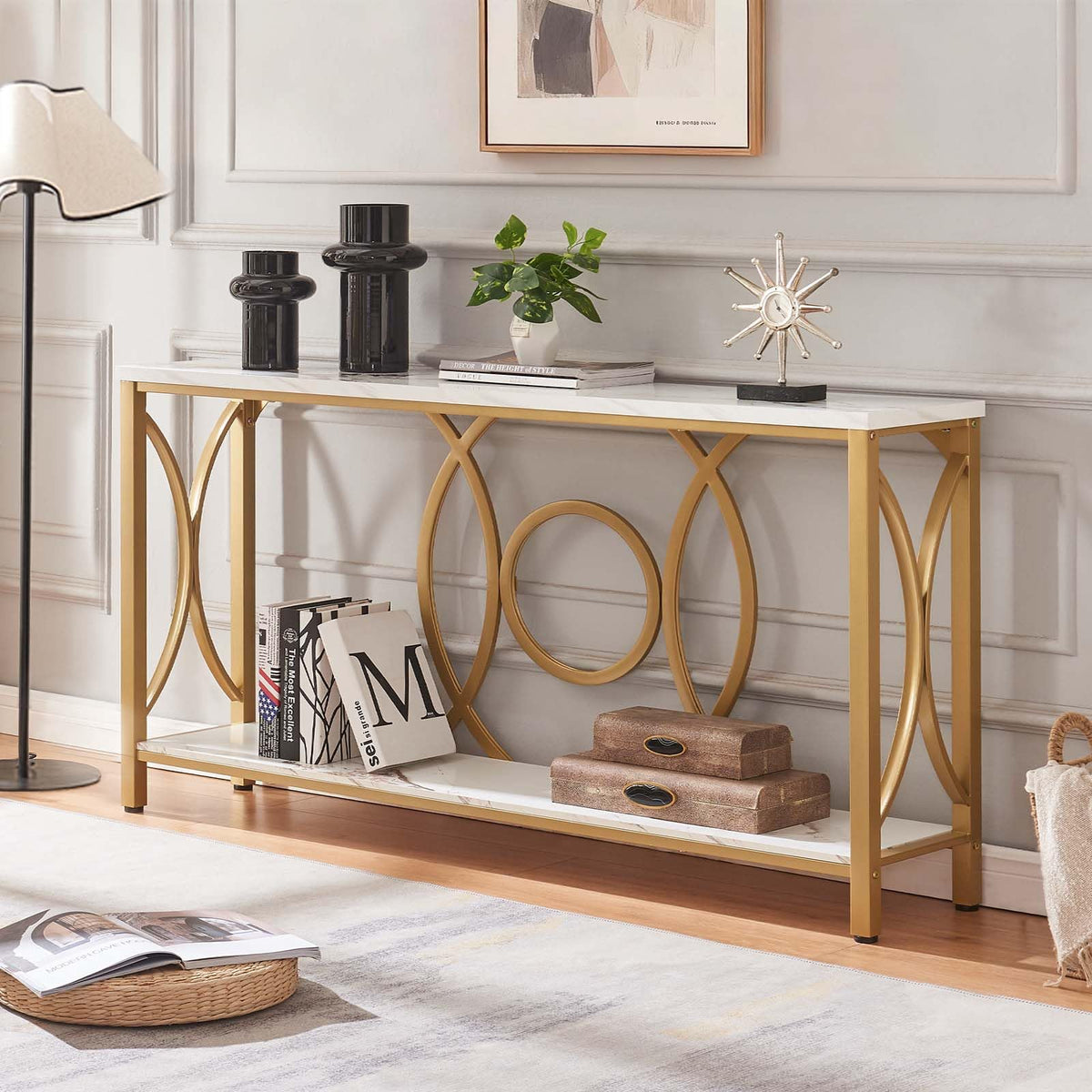 Entryway Narrow Console Table, 55 Inch Long Gold Sofa Table, White Marble
