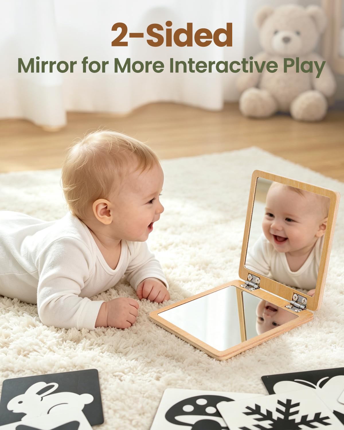 Brezlio Tummy Time Mirror for Baby 0-6 Months, 2-Sided Adjustable Montessori Baby Mirror with 20 Double-Sided High Contrast Cards, Foldable Baby Floor Mirror