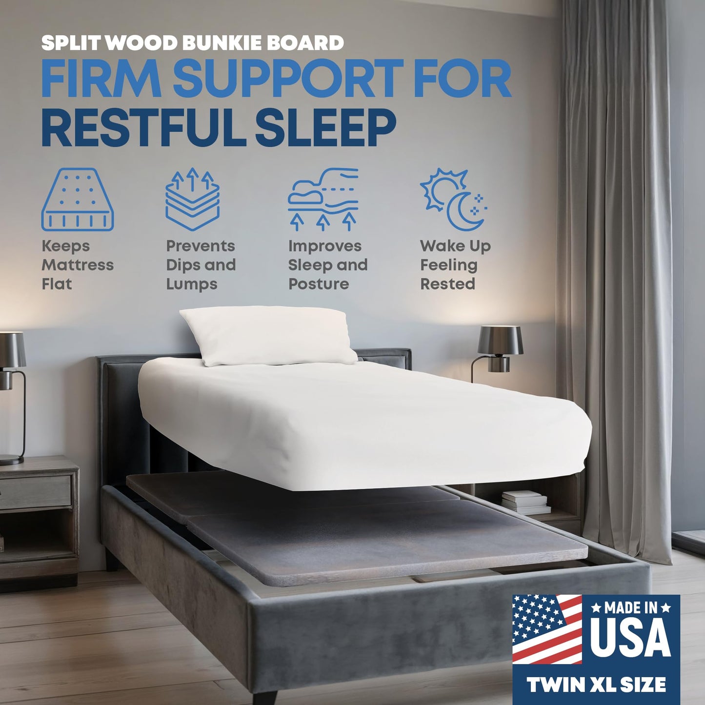 Greaton, Premium 38mm Split Wood Bunkie Board Twin XL Size Bed - 2-Piece Under Mattress Support Board, Fully Assembled, Fabric Ventilation Cover - Replaces Wooden Slats or Box Spring for Bed Frames