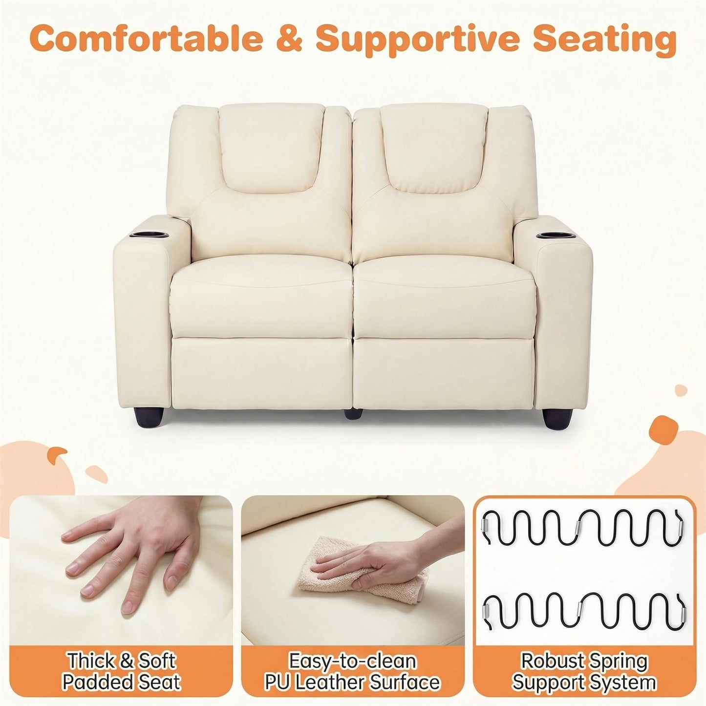HONEY JOY 2-Seater Kids Recliner, Double Toddler Loveseat Sofa w/2 Cup Holders, 2 Side Pockets, Adjustable Backrest & Footrest, PU Leather Children Couch for Boys Girls Age 3+ (Beige)