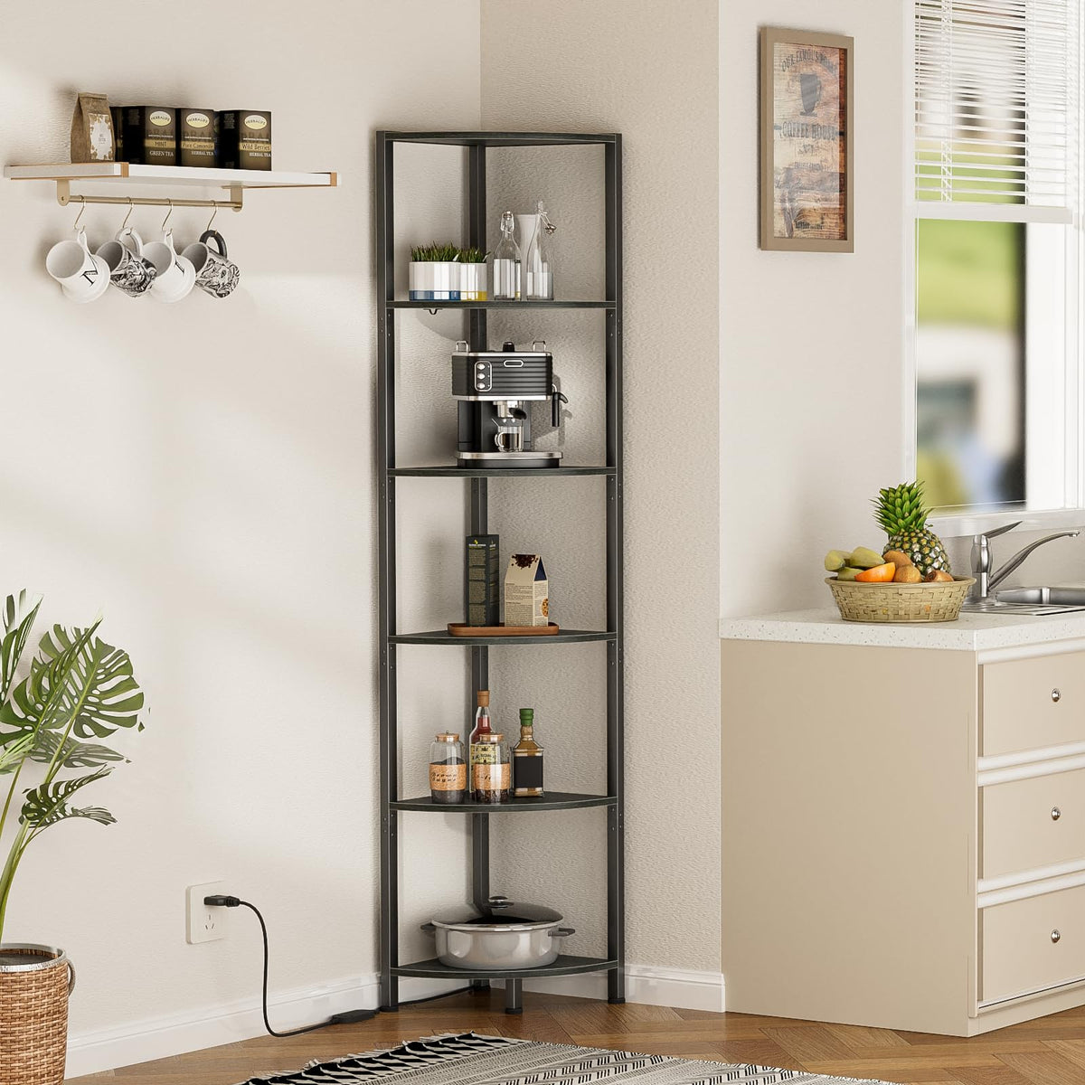 Furnulem 6 Tier Corner Shelf with LED Light, 67.5" Black Narrow Bookshelf