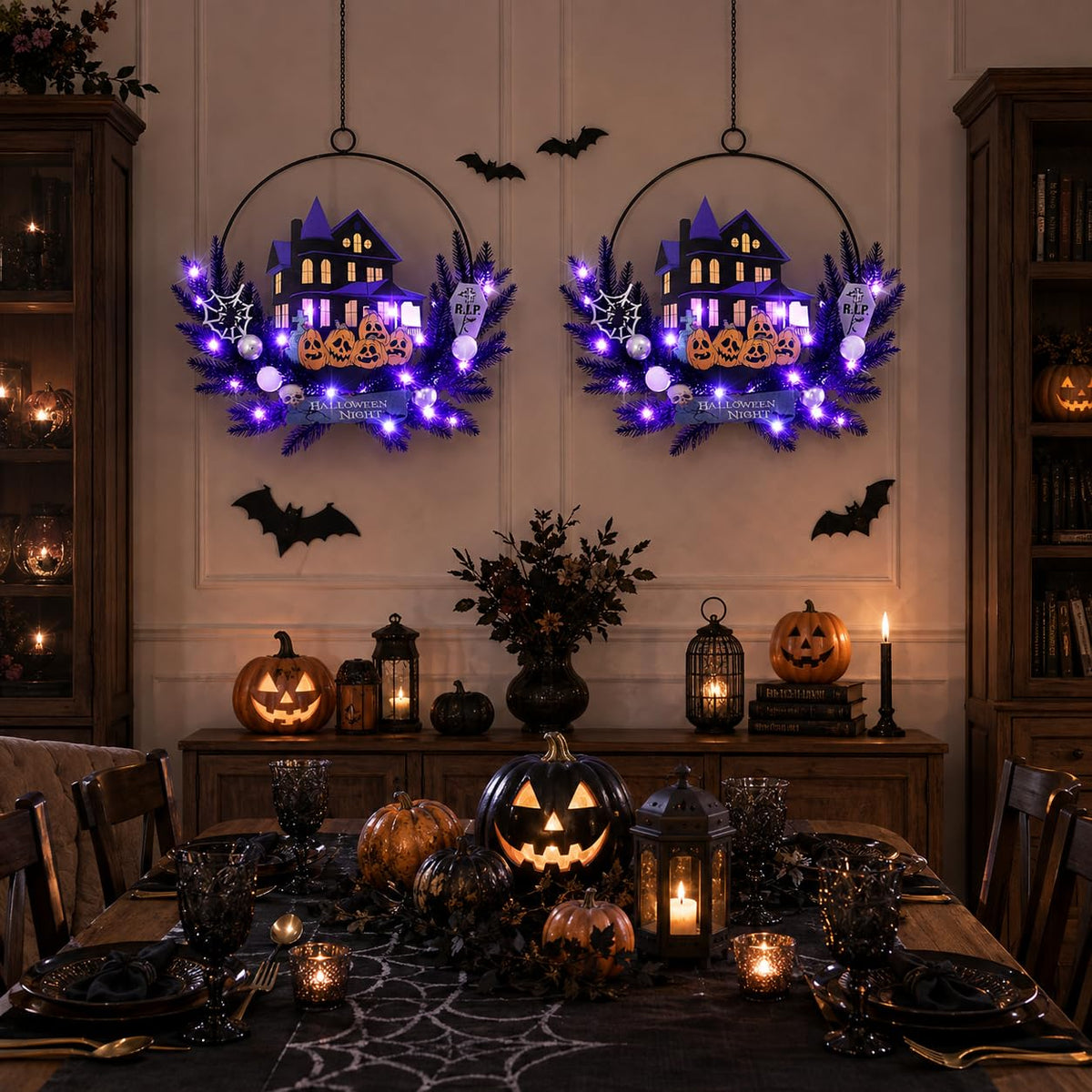 Amadecohome Halloween Wreath with Lights, 15.7 Inch, 6H On/18H Off Timer