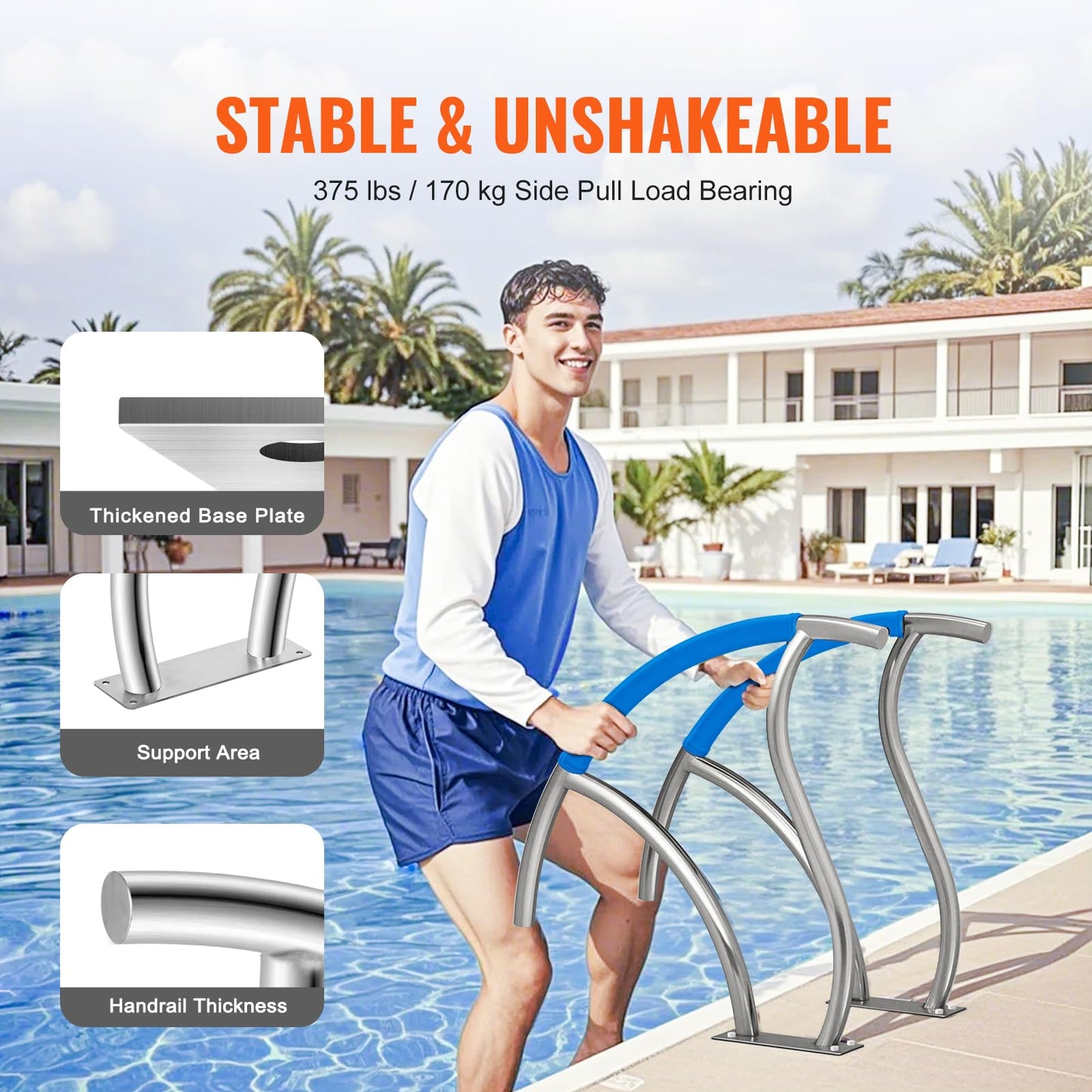 VEVOR Pool Handrail, 2 PCS 30x30 in Railing, Stainless Steel with Base Plate for Indoor/Outdoor, Safety Railing for Decks, Rust-Proof Grab Bar w/Grip Cover & Accessories for Spas
