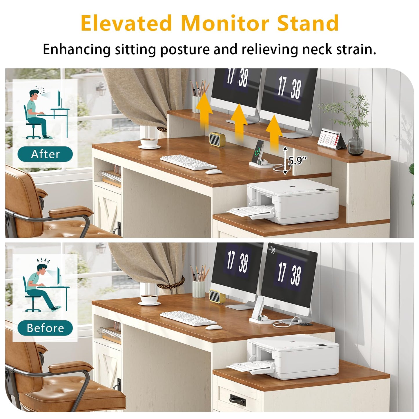 TVU Farmhouse Computer Desk with Drawers, 65'' Home Office Desk with Power Outlets, Storage Cabinet and Printer Stand, Study Writing Desks with Long Monitor Stand, Brown and White