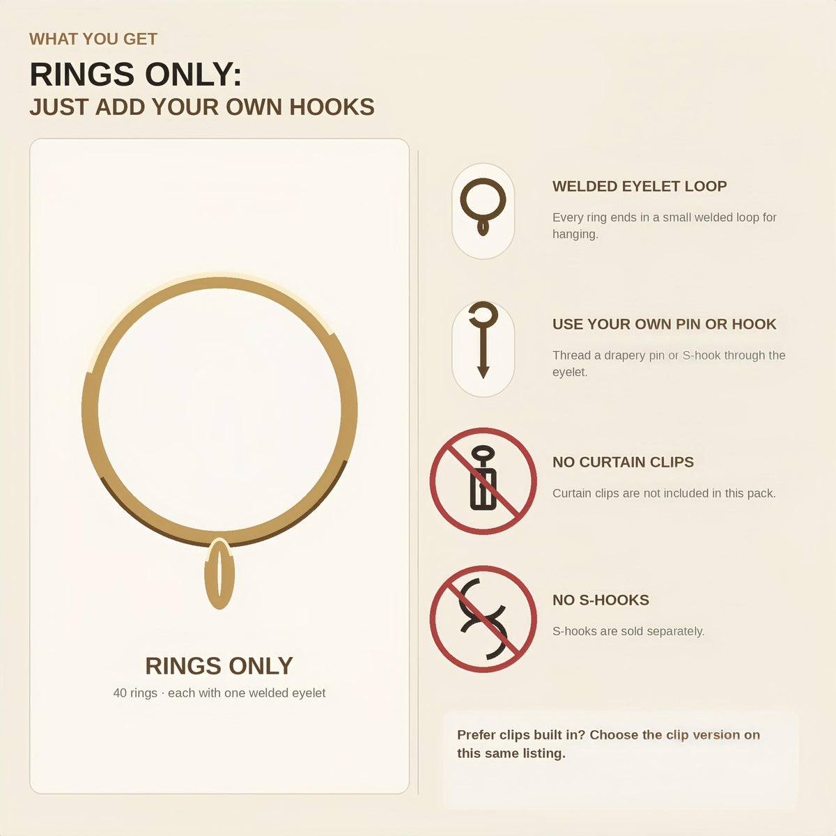 XHLTTBD Polished Gold Metal Curtain Rings with Eyelets, 40 Pack 1.25 Inch Opening Fits 1 to 1.2 Inch Curtain Rods, Closed Iron Drapery Rings for Pinch Pleat Drapes, Rings Only, No Clips or Hooks