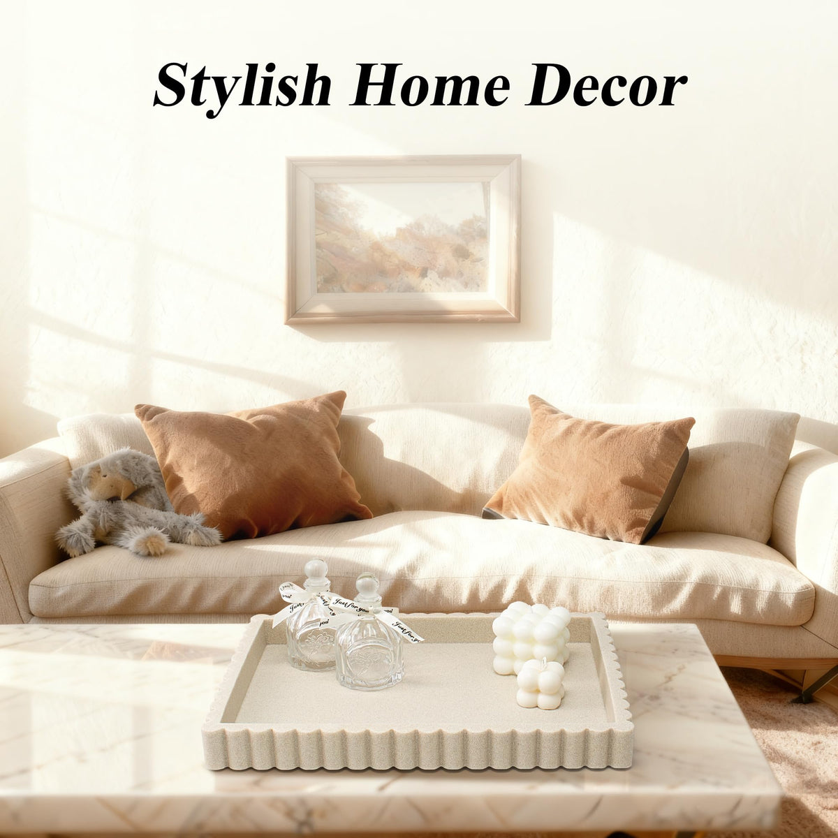YMXYJM Decorative Tray for Coffee Table, Modern Tray Decor, 14" Beige Resin