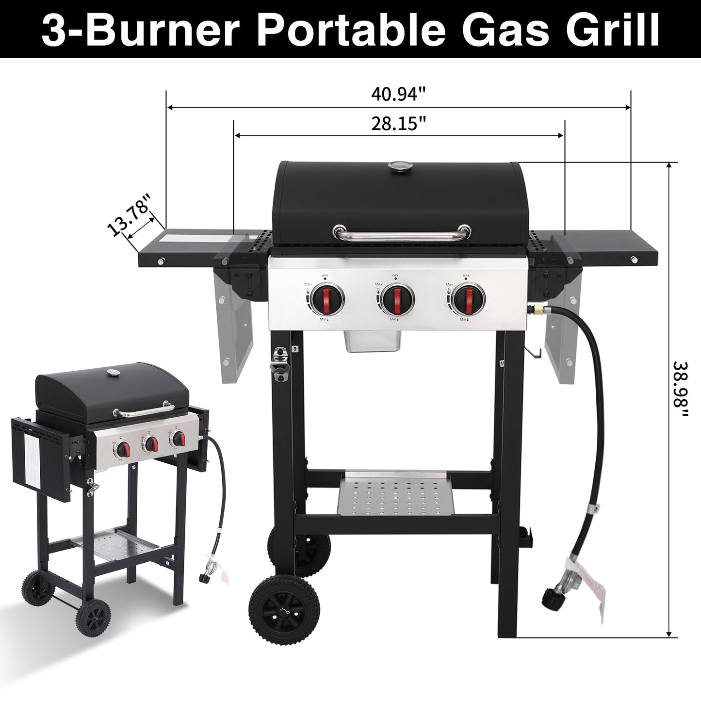 GRILL DEPOTS Propane Gas Grill with Folding Side Tables, 3-Burner Gas Grill with Cast Iron Grates and Stainless Steel Griddle Pan, Outdoor BBQ Grill Portable with Wheels 30,000 BTU Output