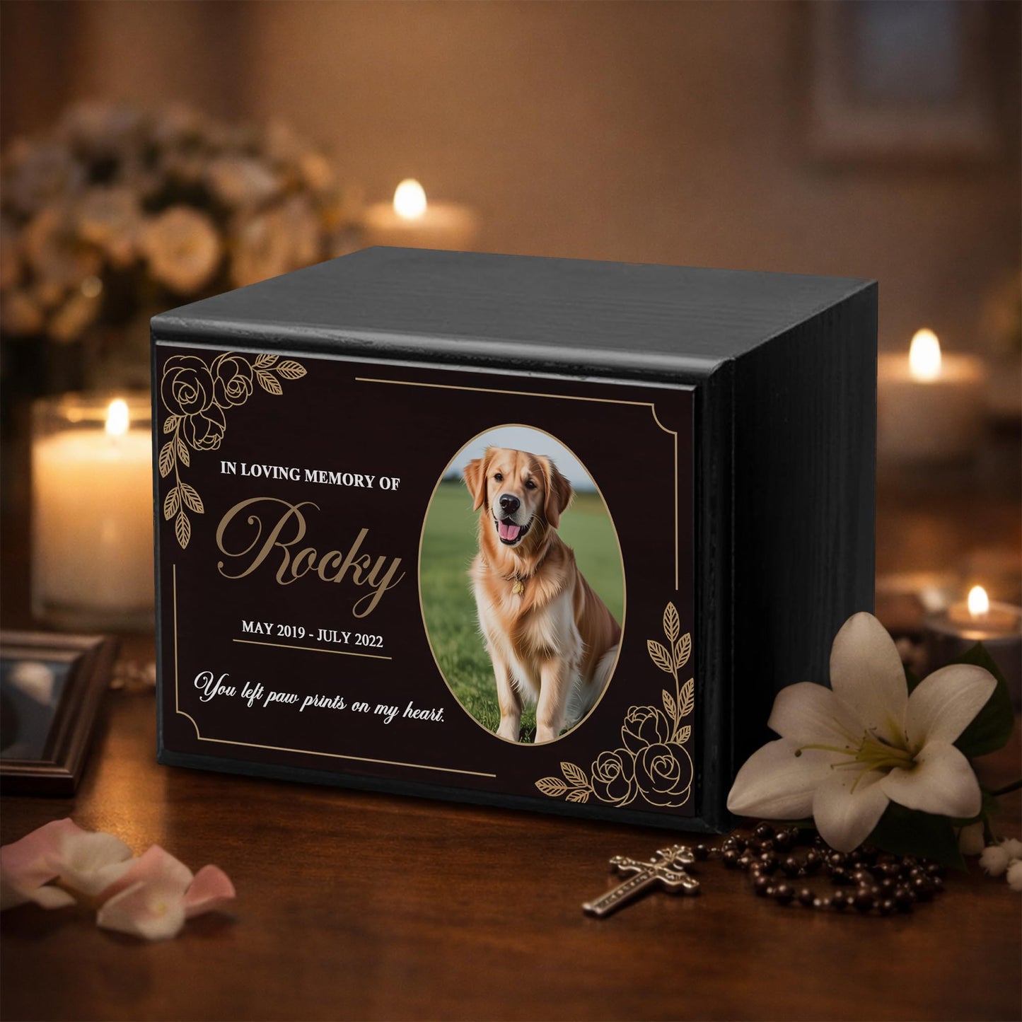 Personalized Wooden Urns for Dog Ashes - Custom Cremation Urn for Dogs up to 170 lbs - Add Your Pet Photo and Text - Custom Burial Memorial Keepsake - Black Design 6