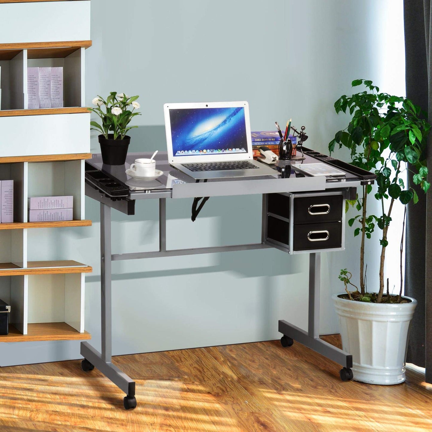 Yaheetech Glass Drafting Table with Storage, Adjustable Art Drawing Desk